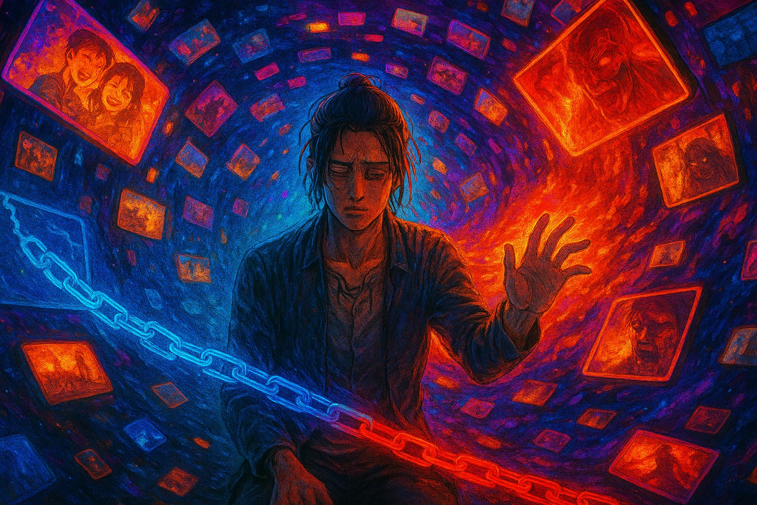 Attack Titan's foresight A sad Eren Yeager sits isolated, surrounded by blue (destiny) and red (effort) chains within a vortex of his dark and light memories.