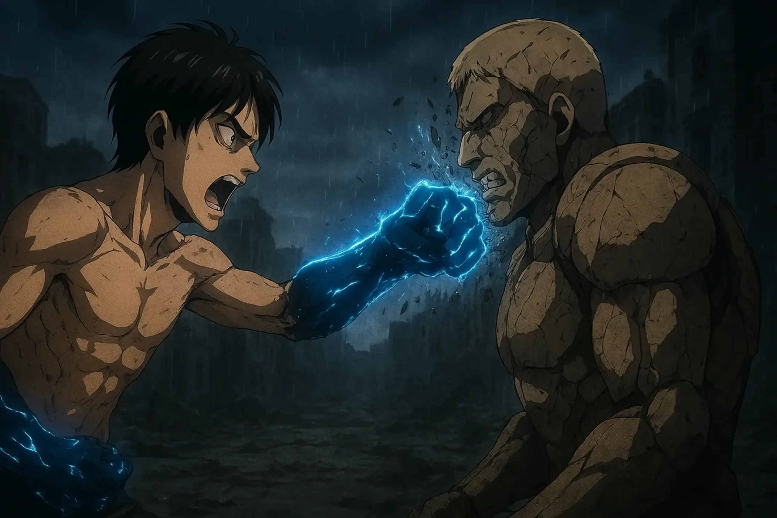 Eren's focused Crystallization and Hardening (glowing fist) shatters Reiner's Armored Titan, proving effort overcomes 'destined' power