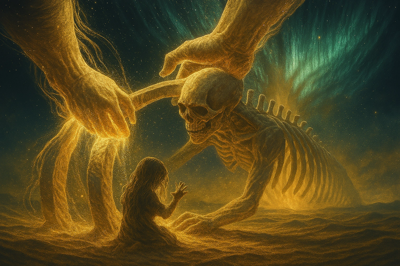 A lone figure representing Ymir Fritz kneeling in the dark desert of the Paths near a large sand sculpture, looking towards the massive glowing Coordinate tree in the distance.