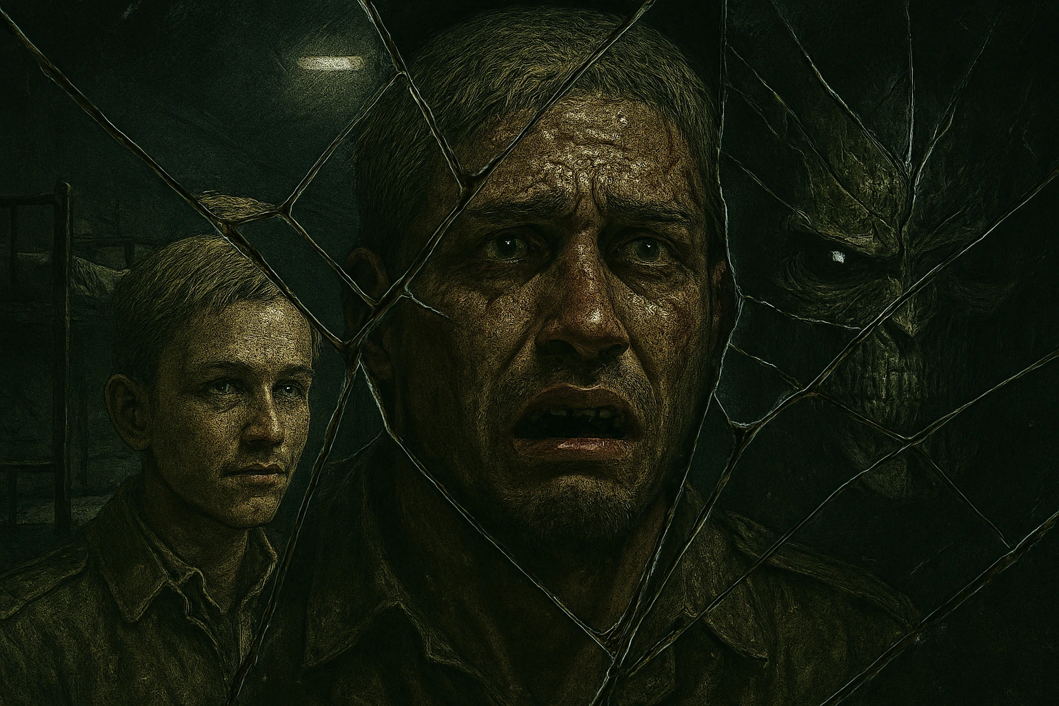 A shattered mirror reflection of Reiner Braun showing his PTSD and the split between his soldier persona and his warrior reality.