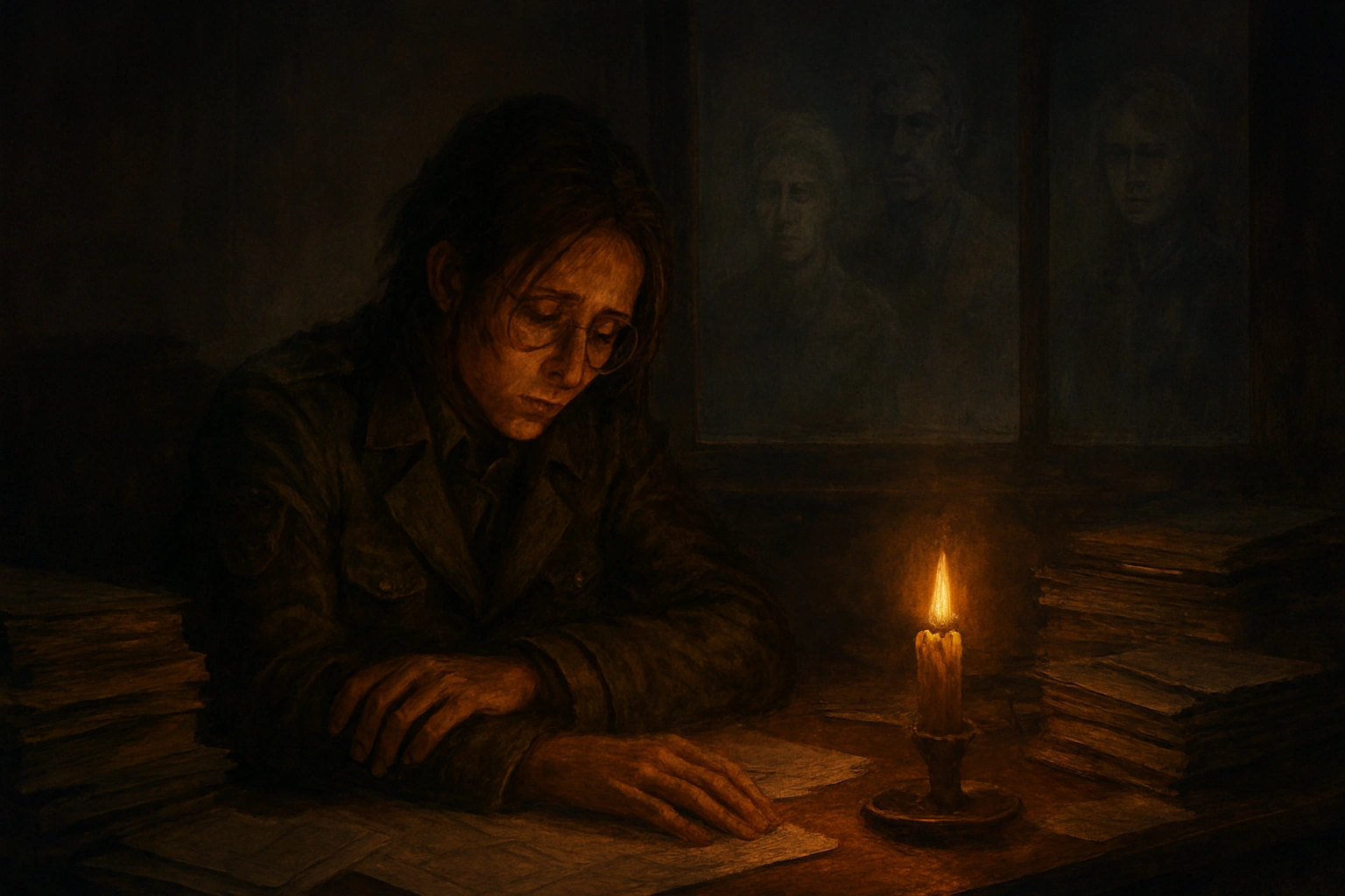 Commander Hange Zoë sitting alone in a dimly lit office, surrounded by documents, with ghostly figures of fallen comrades in the background, showing the weight of her leadership.