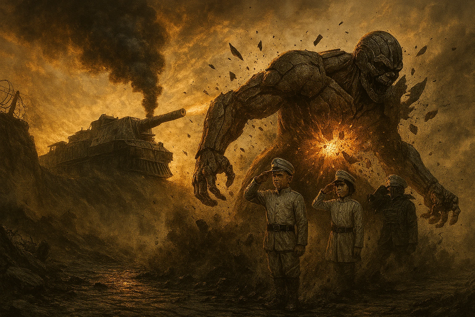 The Battle of Fort Slava showing an armored train with anti-titan artillery destroying the Armored Titan's plating.
