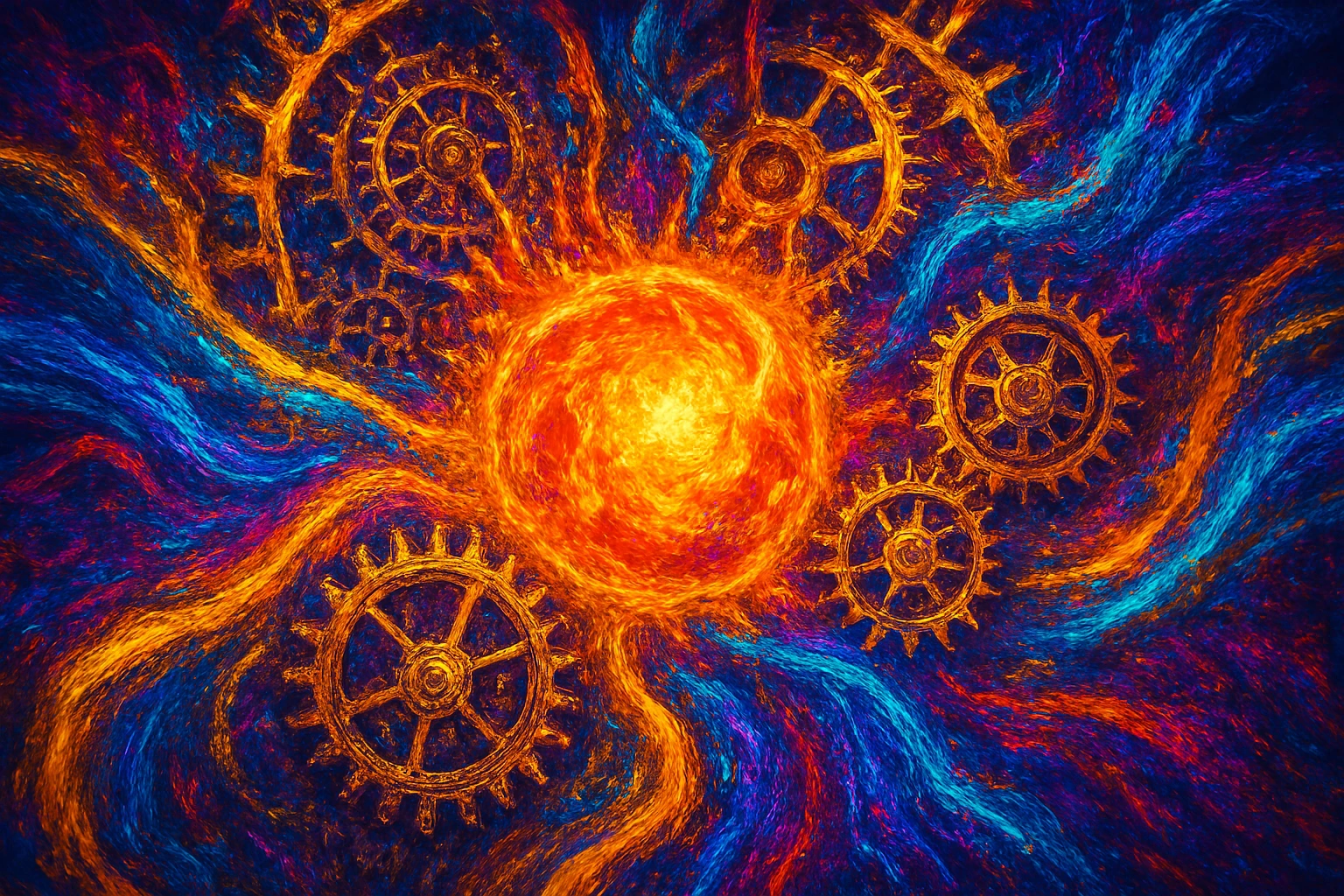 Attack Titan's foresight The Engine of Willpower.jpg Alt Text: Abstract art showing a glowing orange core, representing willpower, surrounded by golden gears of destiny and colorful energy streams.