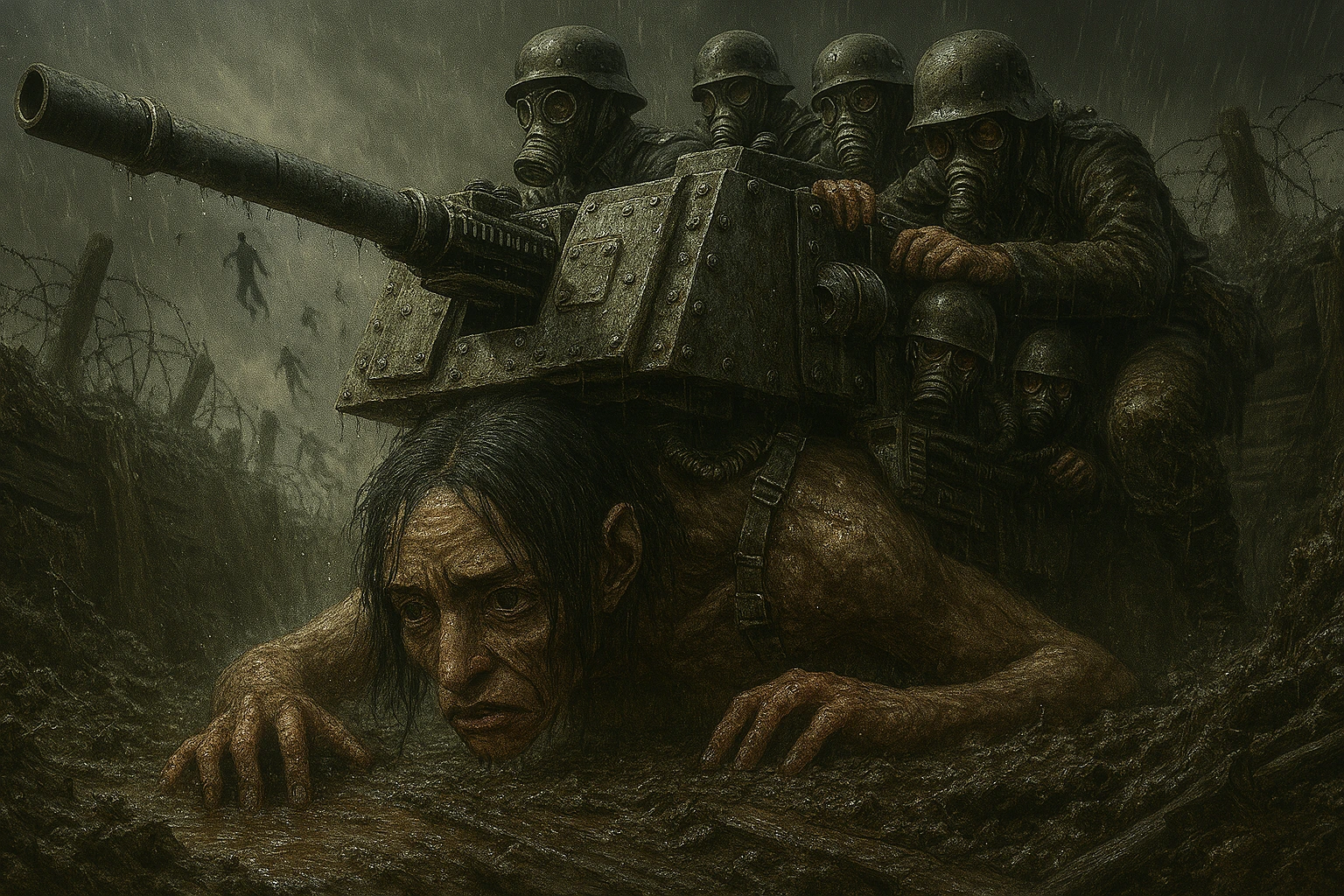 Pieck Finger as the Cart Titan equipped with the Panzer Unit machine gun turret fighting in muddy trench warfare.