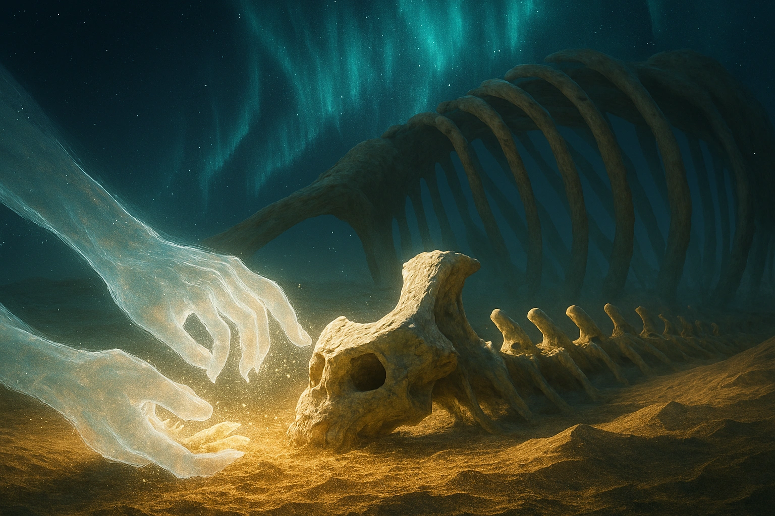 Ethereal glowing hands, representing the labor of Ymir Fritz, molding a large Titan bone structure from the endless sand in the metaphysical realm of the Paths.