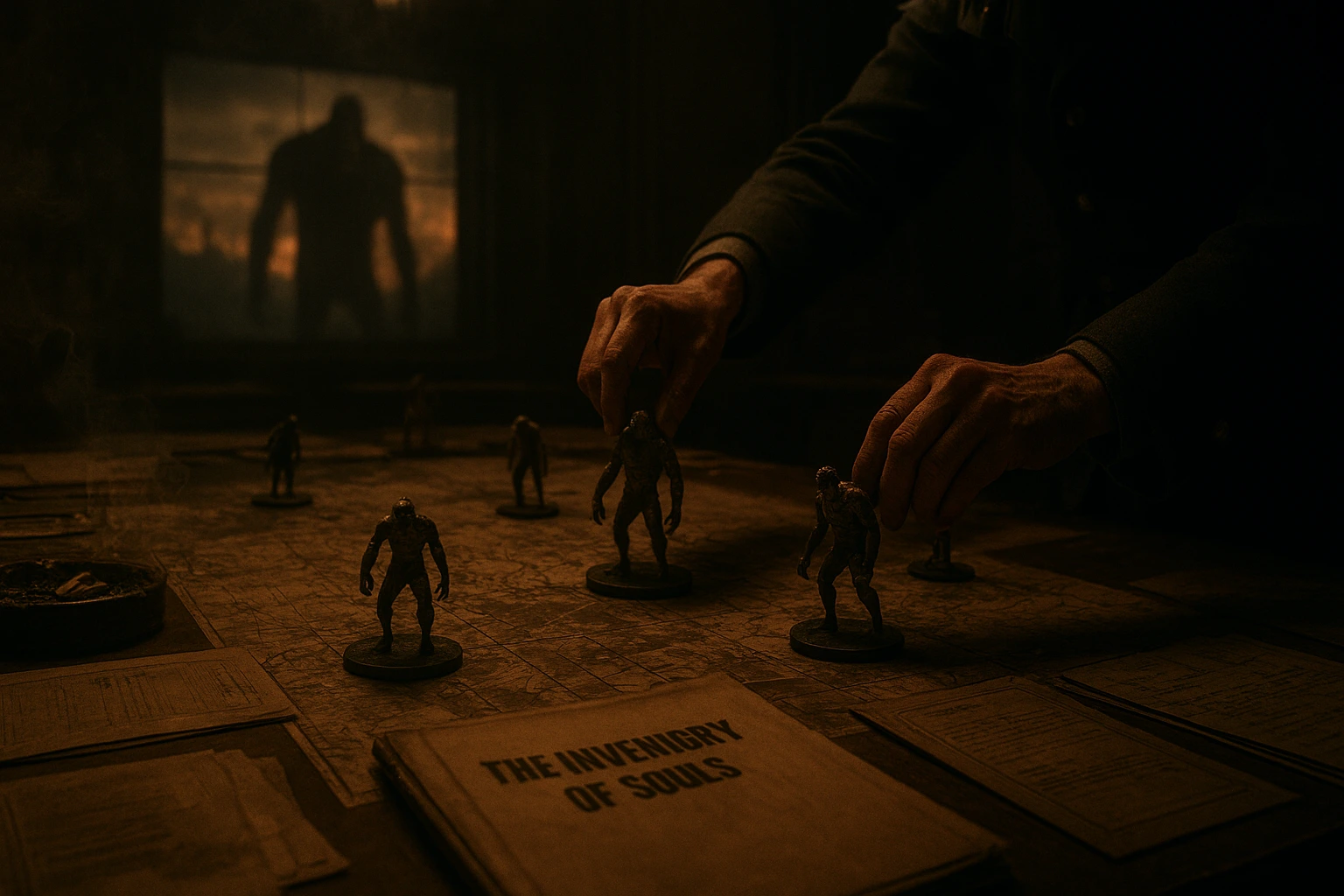 Marleyan war room showing generals moving Titan figurines on a map, depicting how Marley treats Eldians as inventory in their military strategy.