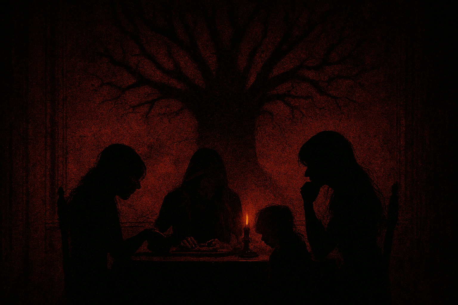 Dark, silhouetted scene of Maria, Rose, and Sina consuming the remains of Ymir Fritz by candlelight, with a branching tree shadow looming behind them