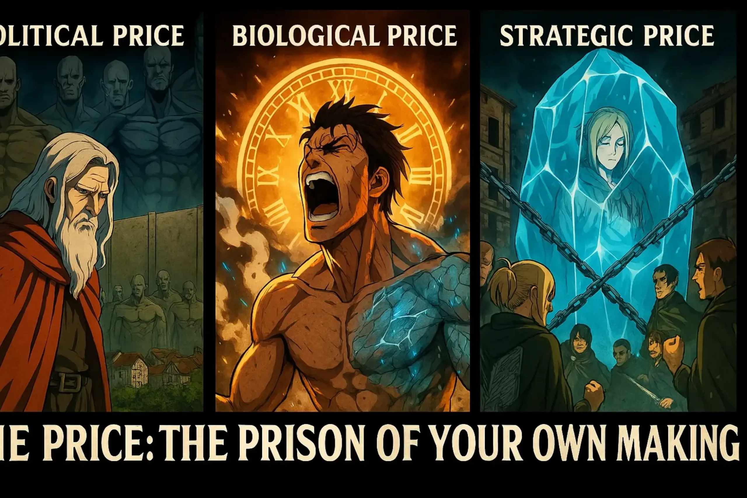 A 3-panel analysis of the full price of Crystallization and Hardening, showing the political (King), biological (Eren), and strategic (Annie) costs