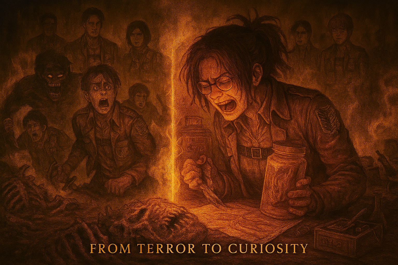 Hange Zoë kneeling in anguish amidst the steaming remains of Titans Sonny and Bean, clutching a notebook, conveying the emotional price of scientific discovery.