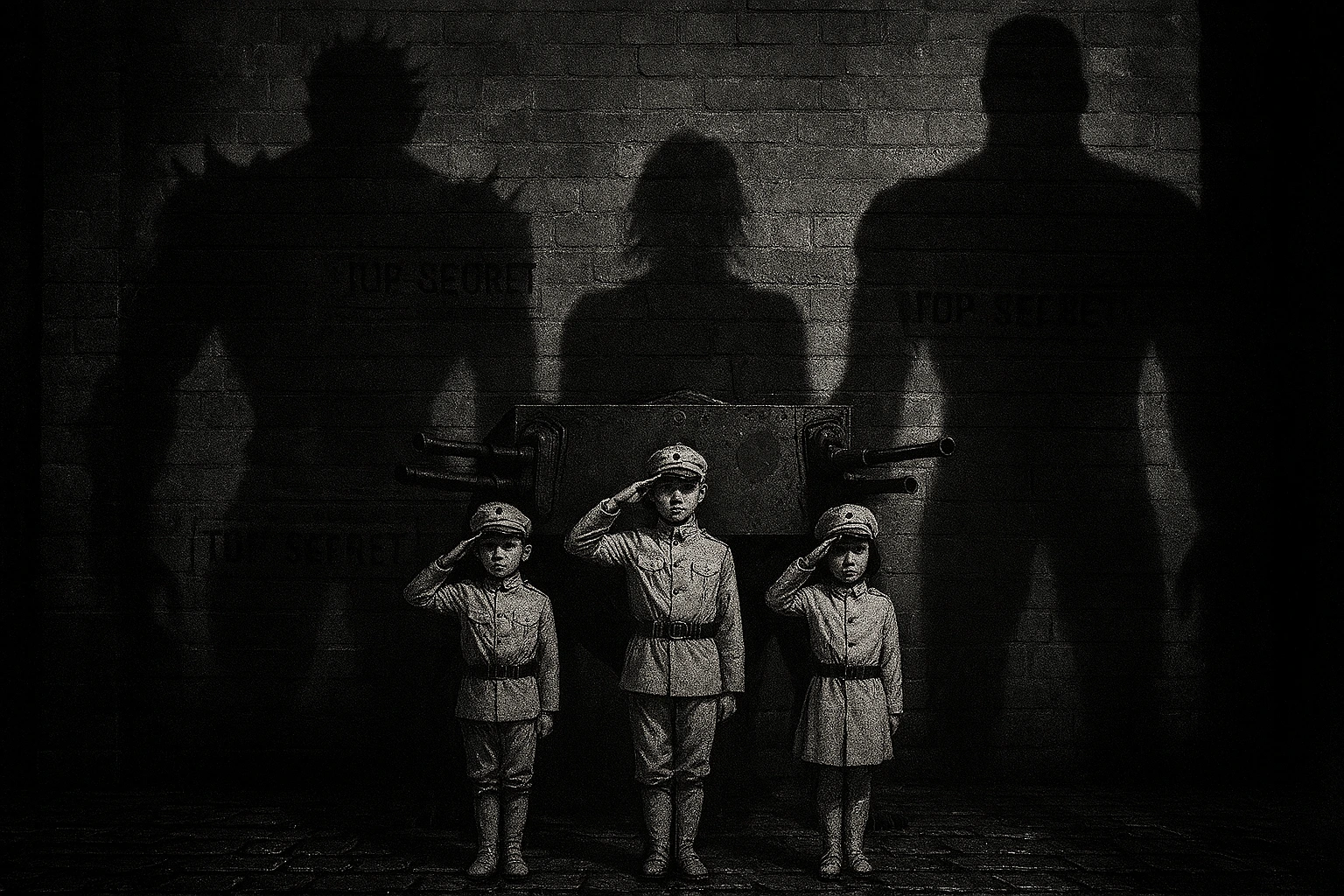 Young Warrior Candidate Program children saluting in Liberio with the ominous shadows of the Armored and Colossal Titans behind them.