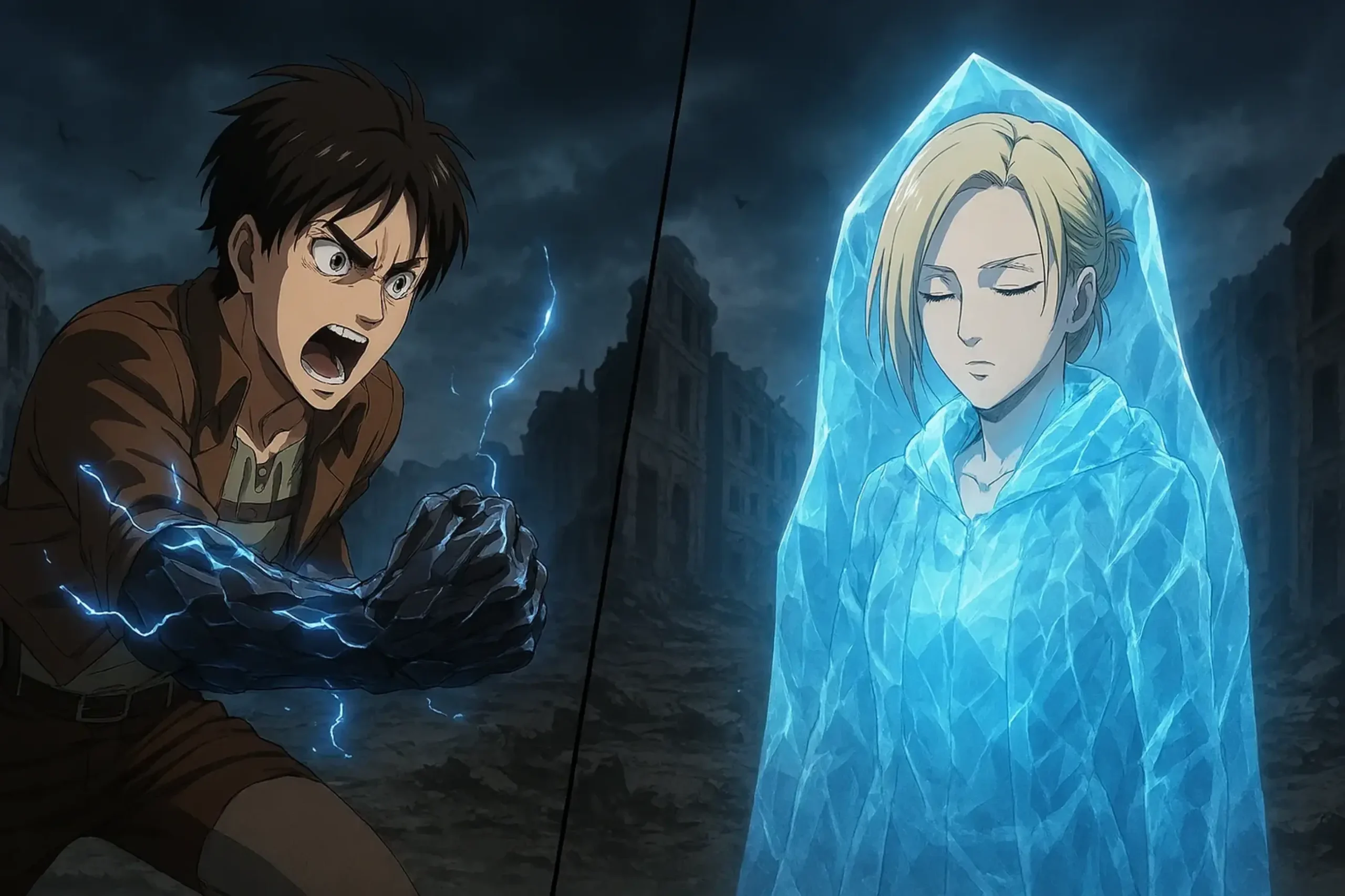 A split-screen intro to Titan Crystallization and Hardening, comparing Eren's 'SHING' sound on his arm to Annie's silent crystal form.