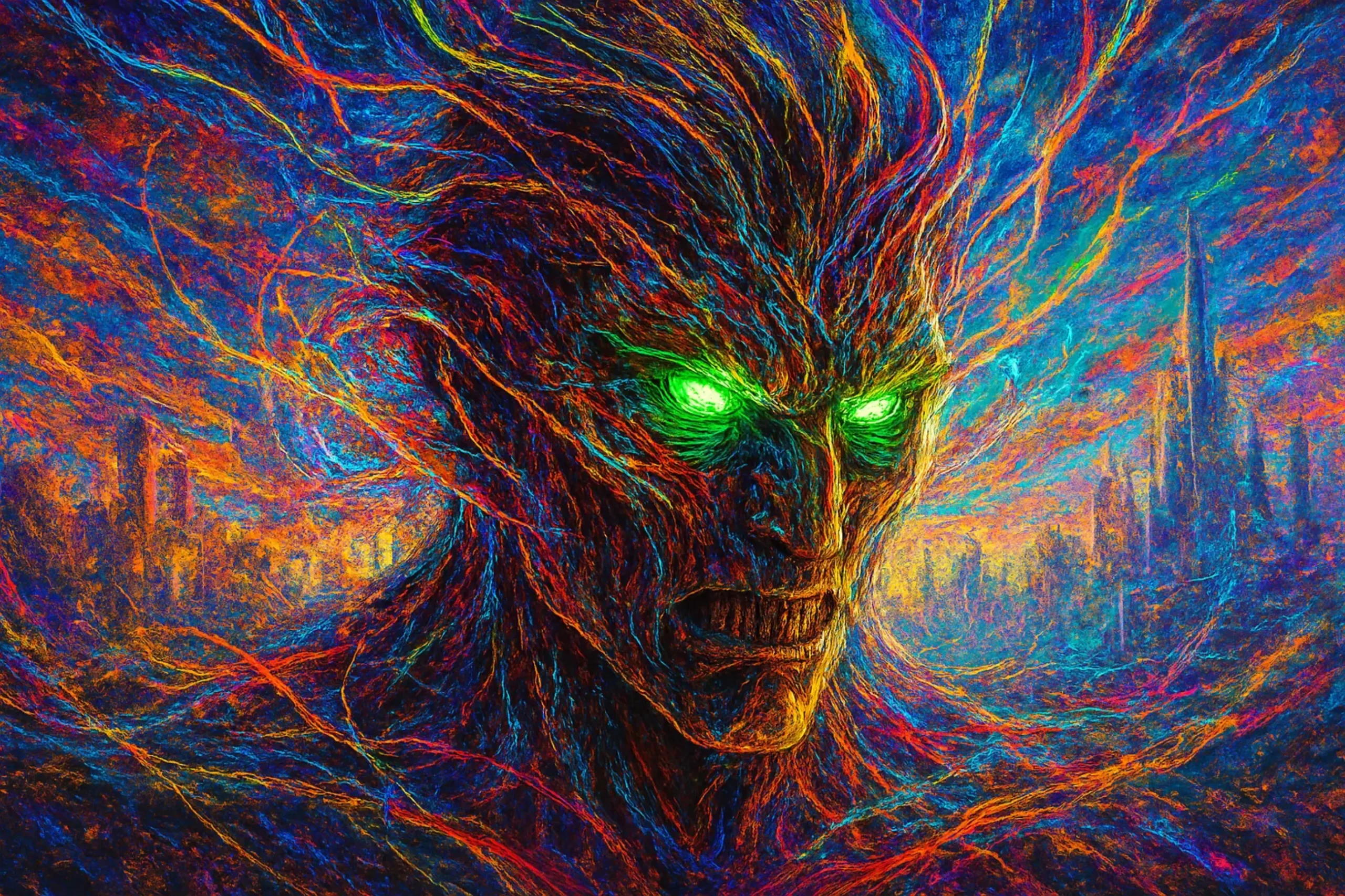 Attack Titan's foresight An abstract, colorful painting of the Attack Titan's face, featuring glowing green eyes and swirling lines of temporal energy.