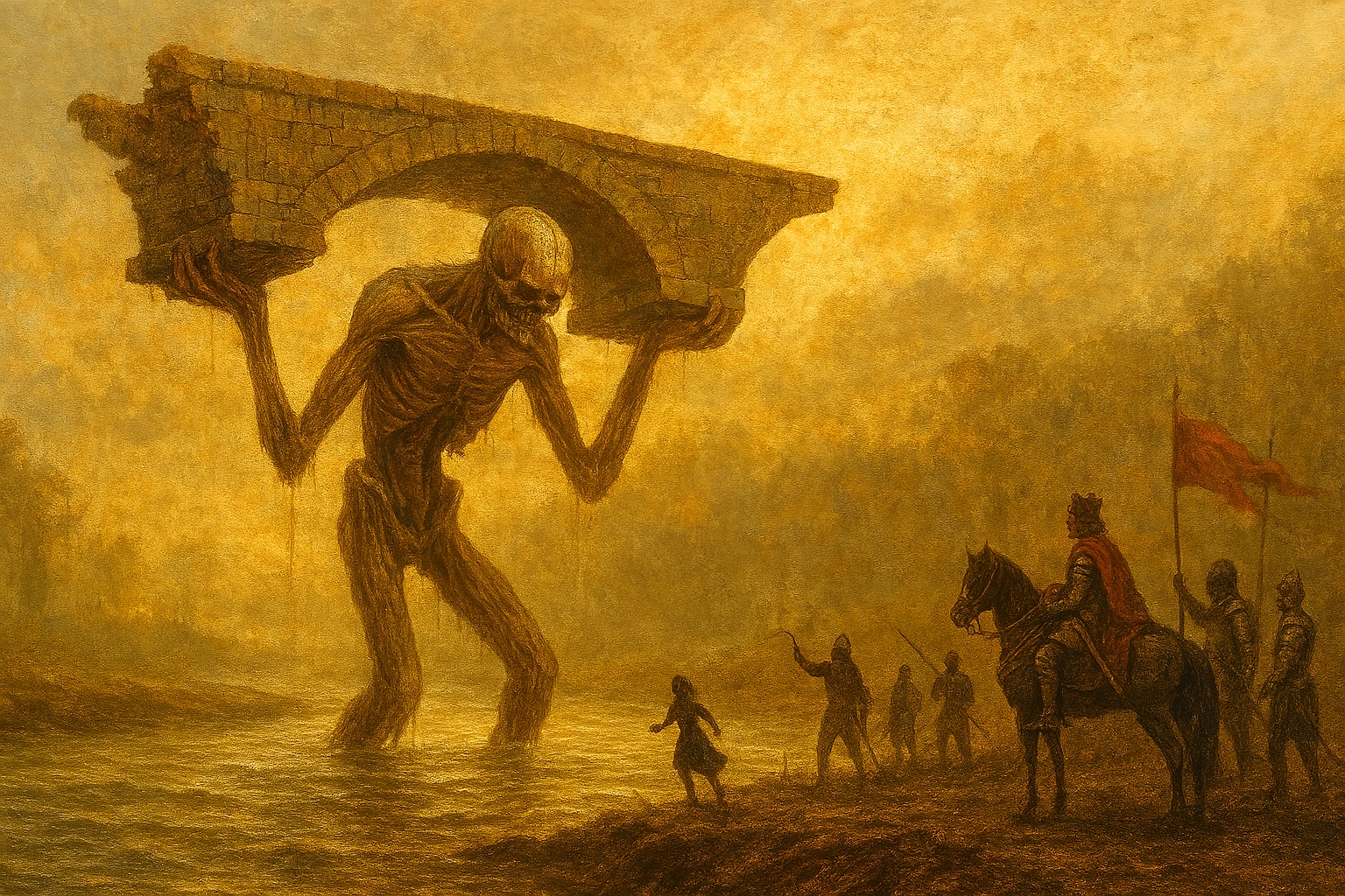 The colossal, skeletal Founding Titan form of Ymir Fritz performing slave labor by building a stone bridge in a river, watched by King Fritz and his soldiers