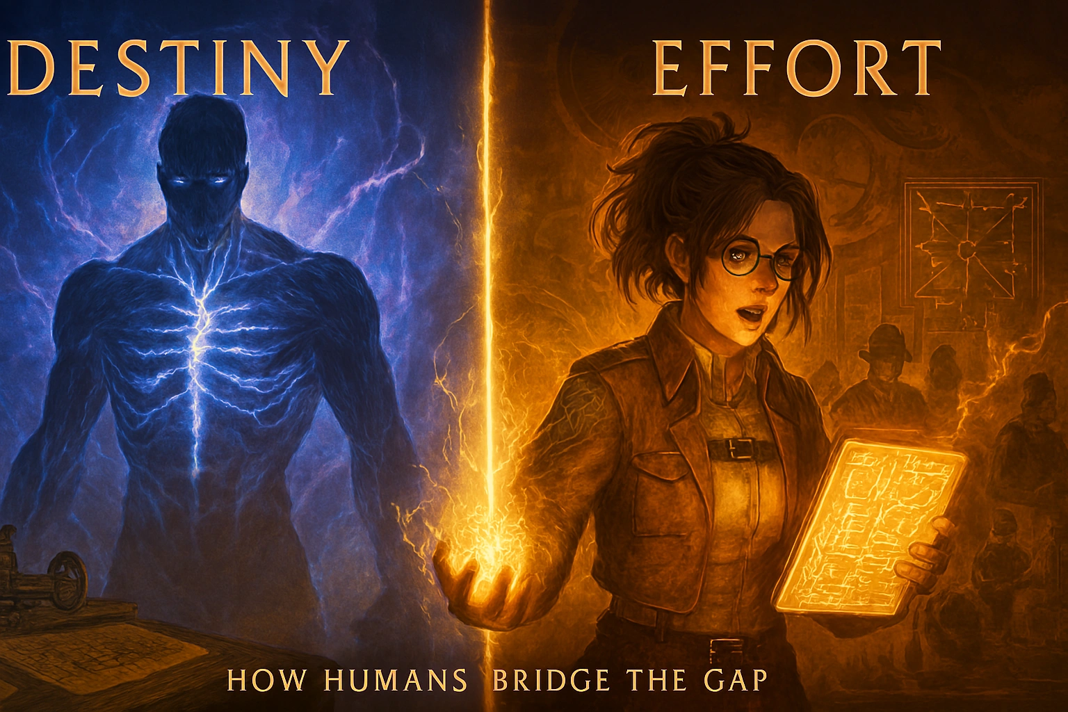 A symbolic split image comparing 'Destiny' with a Shifter Titan and 'Effort' with Hange Zoë's scientific work, highlighting the Secret Science of Hange Zoë.