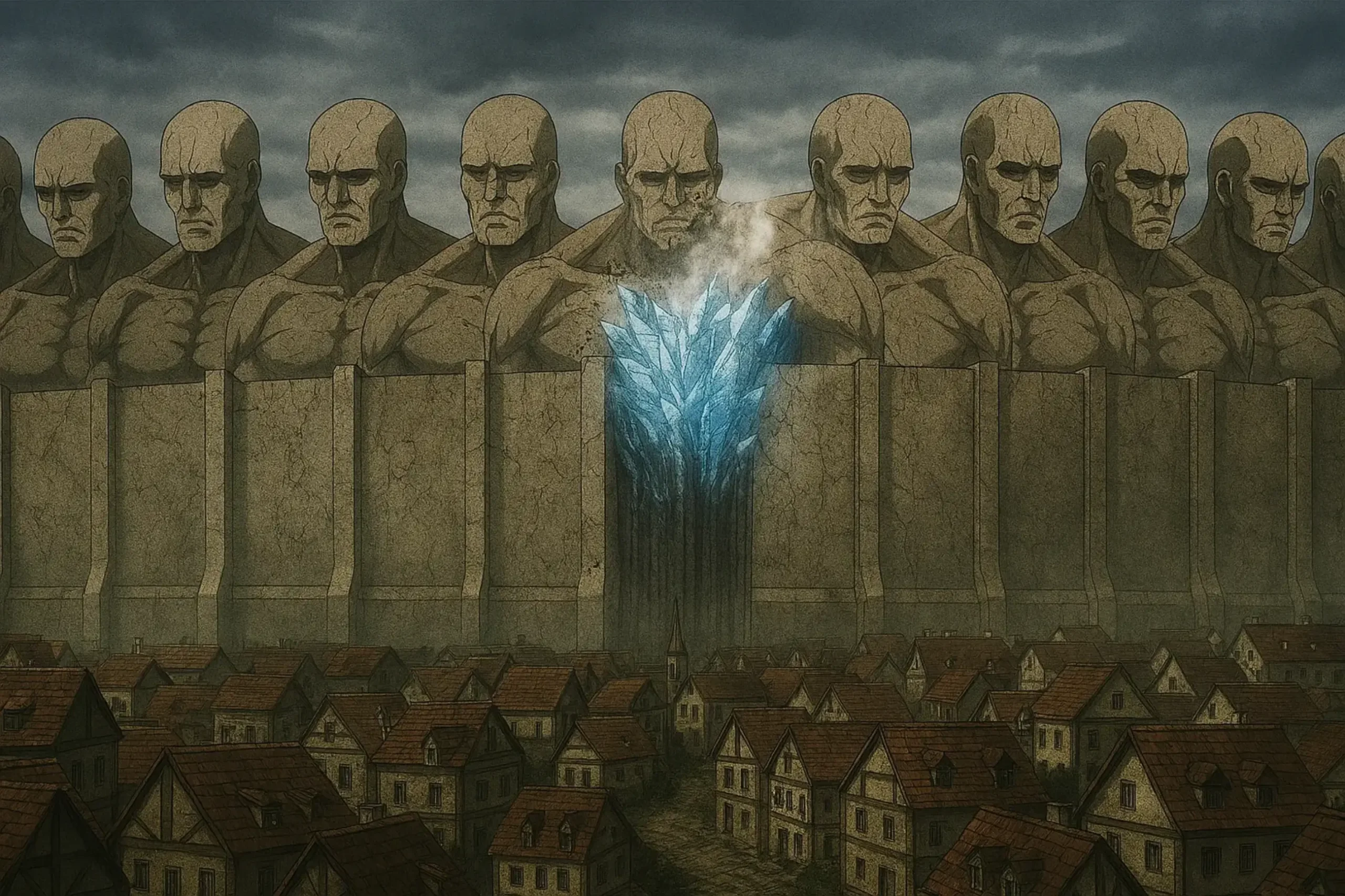 The Walls as a 'Prison-Kingdom,' the ultimate geopolitical use of Titan Crystallization and Hardening, with a glowing crystal patch