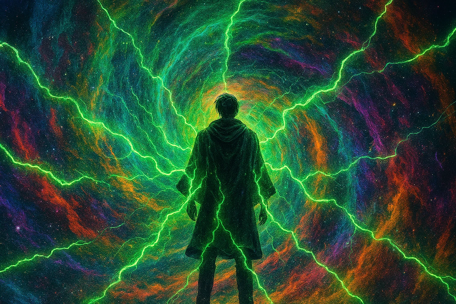 Attack Titan's foresight The silhouette of Eren Yeager stands in a colorful cosmic vortex, as green energy from his will bends time and space around him.