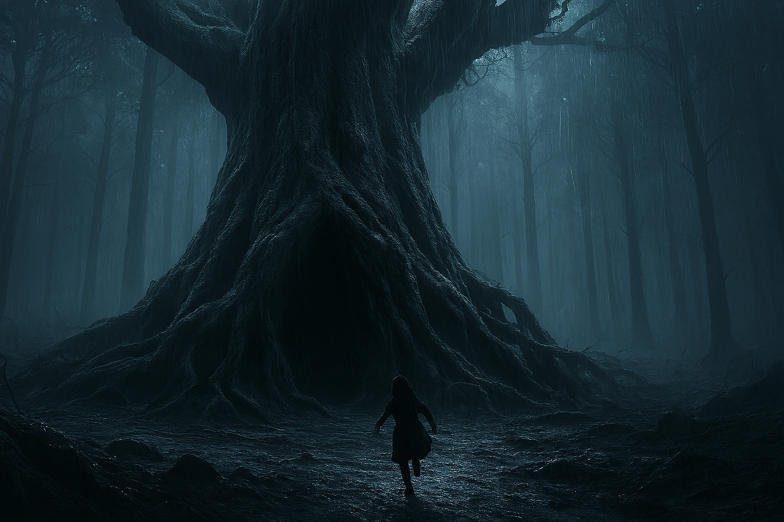 A young Ymir Fritz running through a dark, gloomy forest towards the gaping hollow of the ancient tree just before obtaining the Titan power
