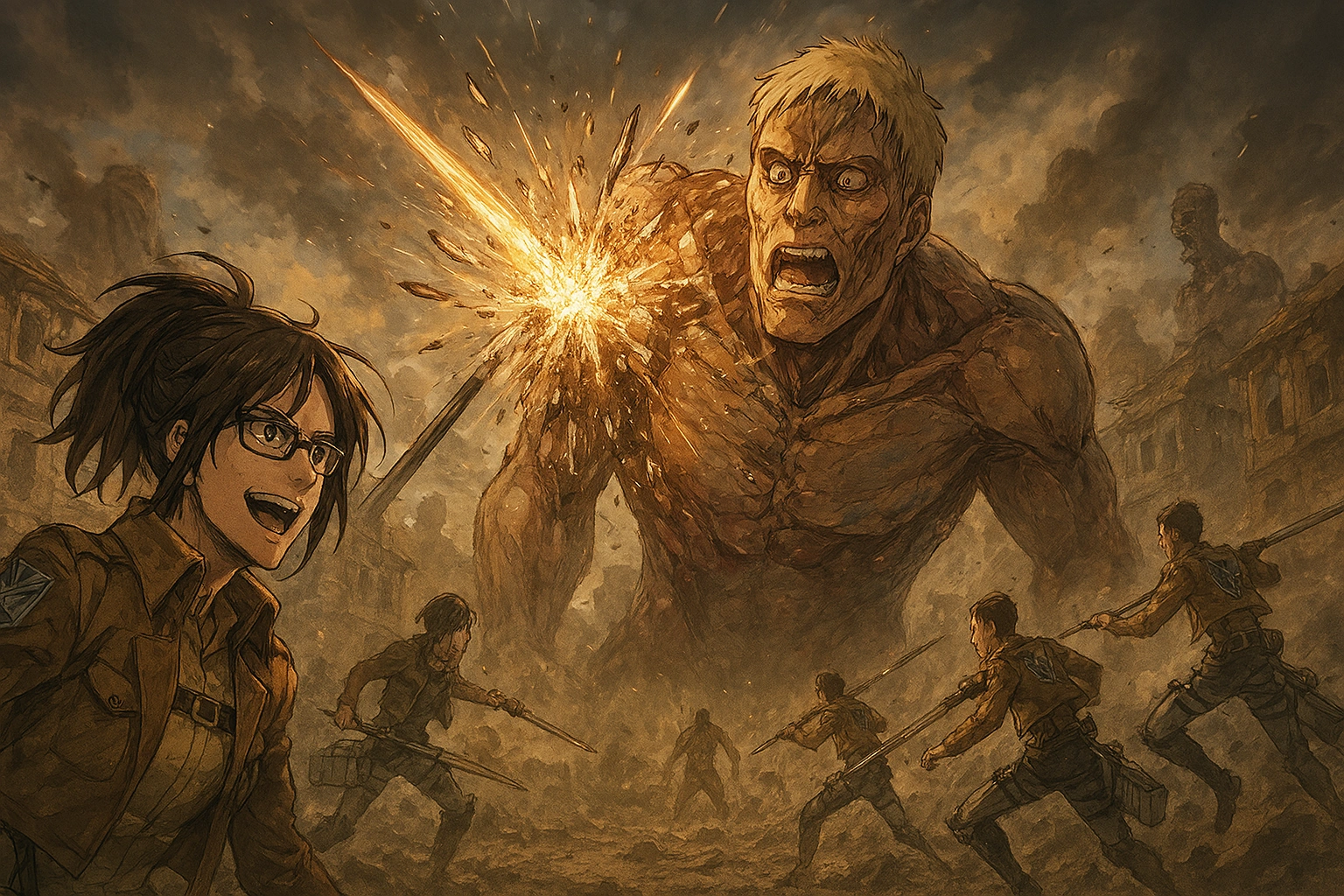 A Thunder Spear exploding on the Armored Titan, with Hange Zoë observing in the foreground, demonstrating the decisive impact of her engineered weapon.