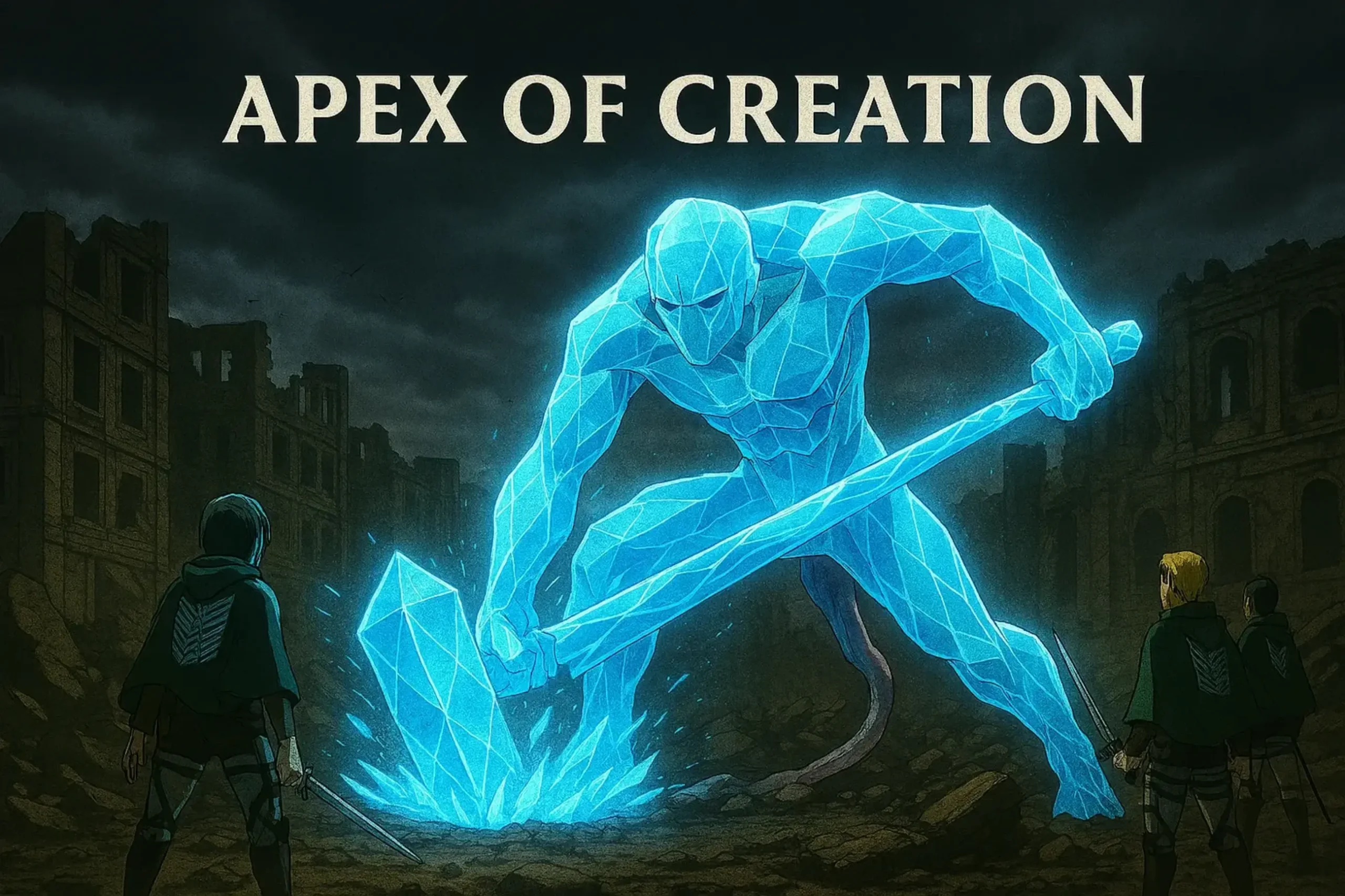 The War Hammer Titan as the 'Apex of Creation,' showing the flexibility of Crystallization and Hardening by forming a giant crystal weapon