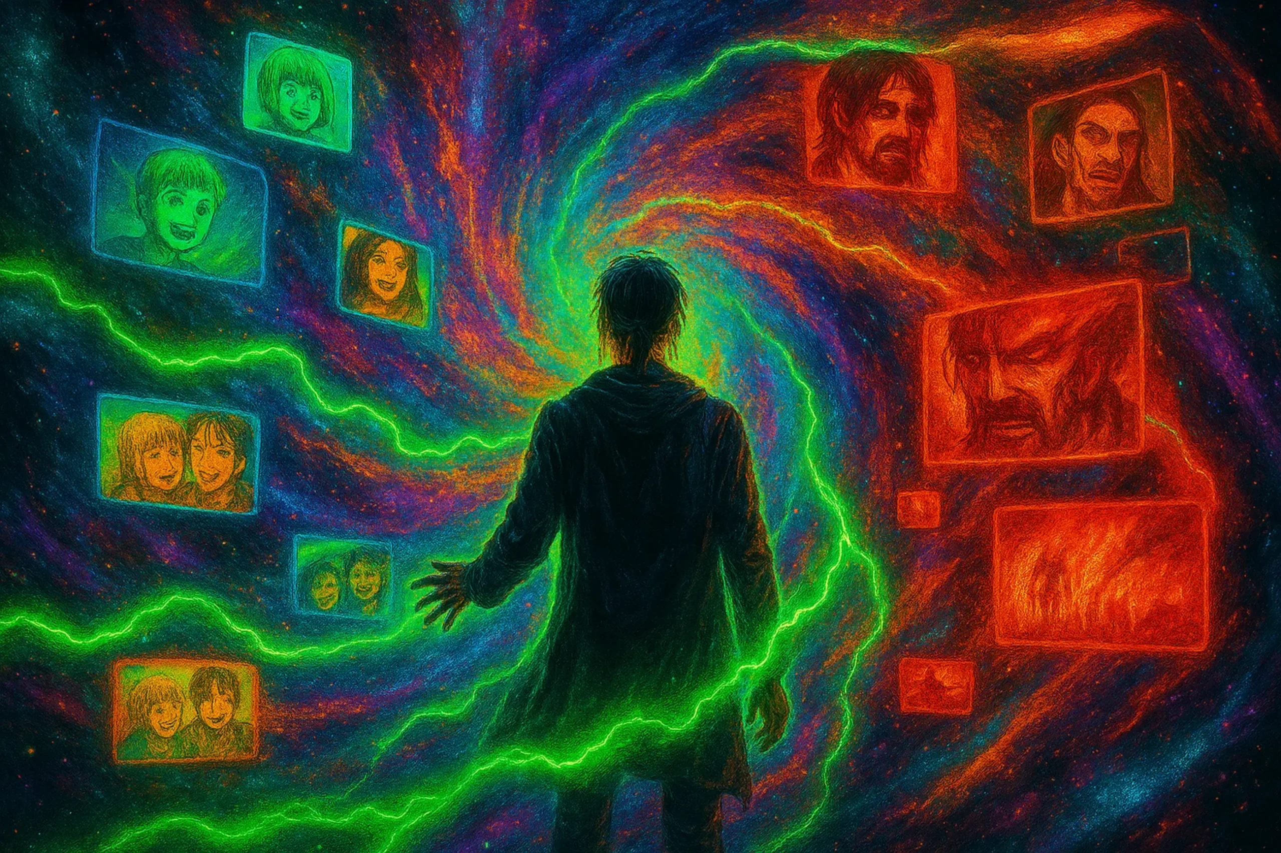Feature Image: Eren Yeager stands at the center of his will, separating his happy memories (green frames) from his dark memories (red frames).