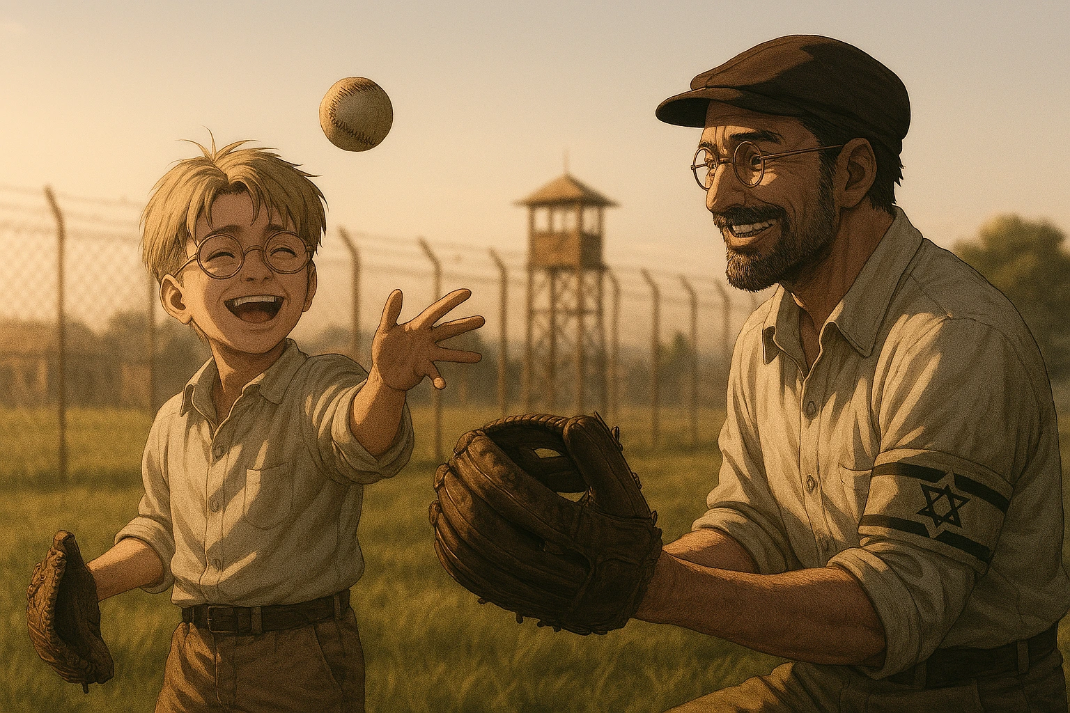 Young Zeke Yeager playing baseball with Tom Ksaver, sharing a rare moment of genuine happiness in his bleak childhood.