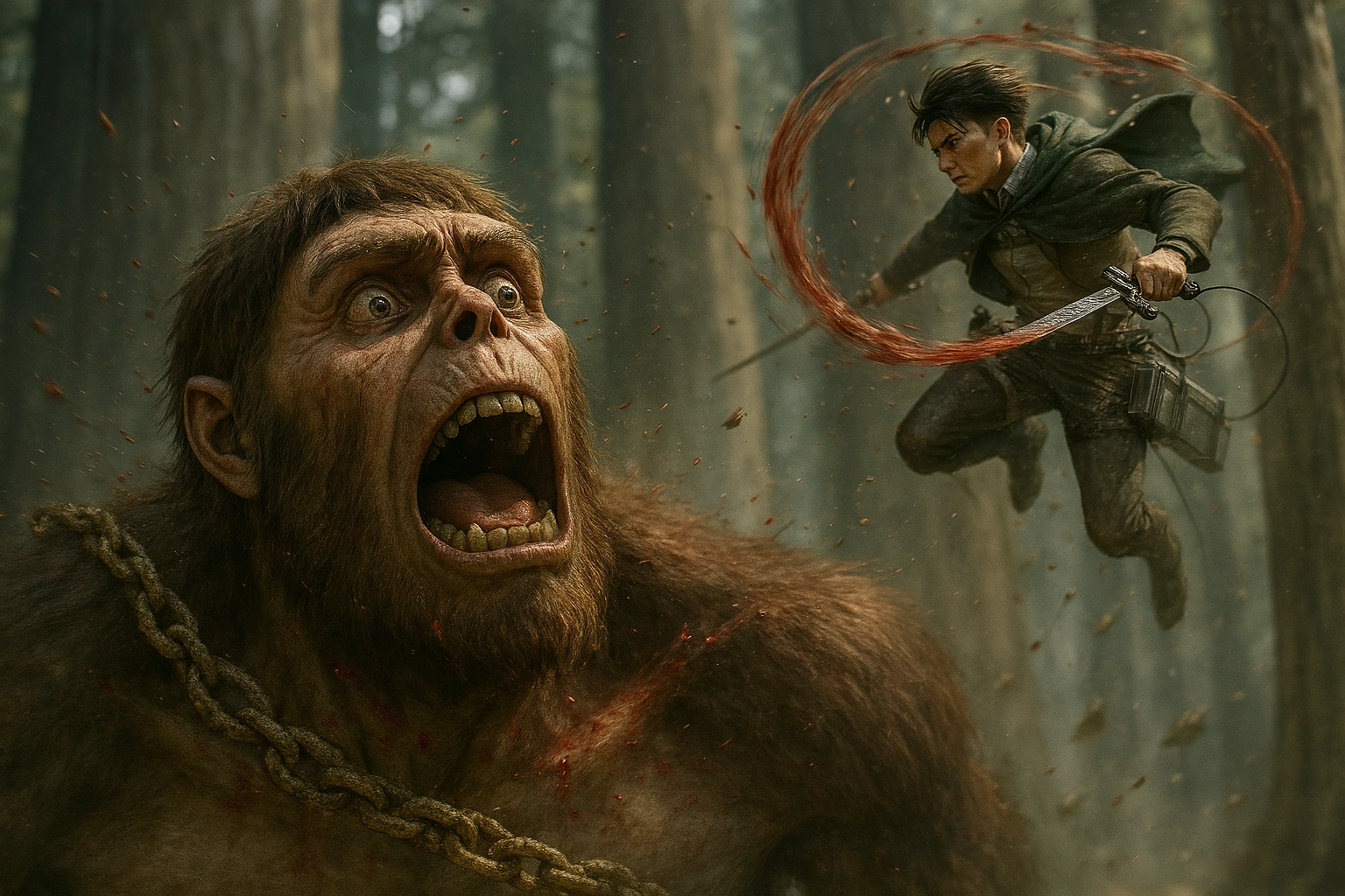 The Beast Titan form of Zeke Yeager being overwhelmed by Levi Ackerman during their battle in the forest.