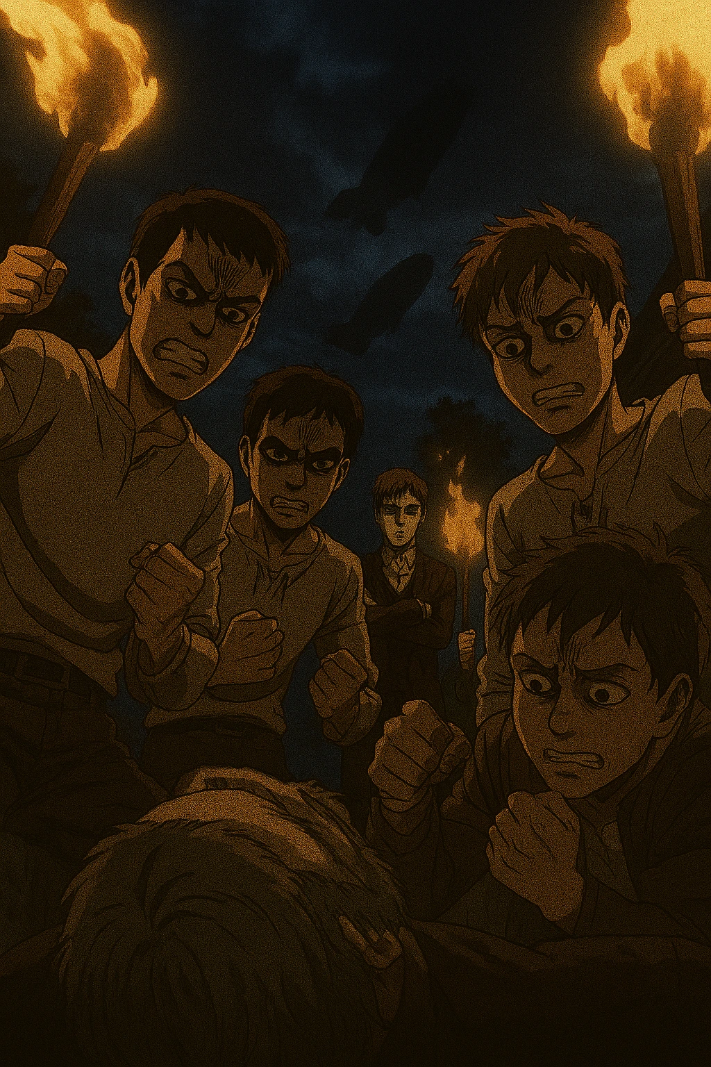 New recruits beating Keith Shadis, displaying the violent mob mentality of the Yeagerists Attack on Titan.