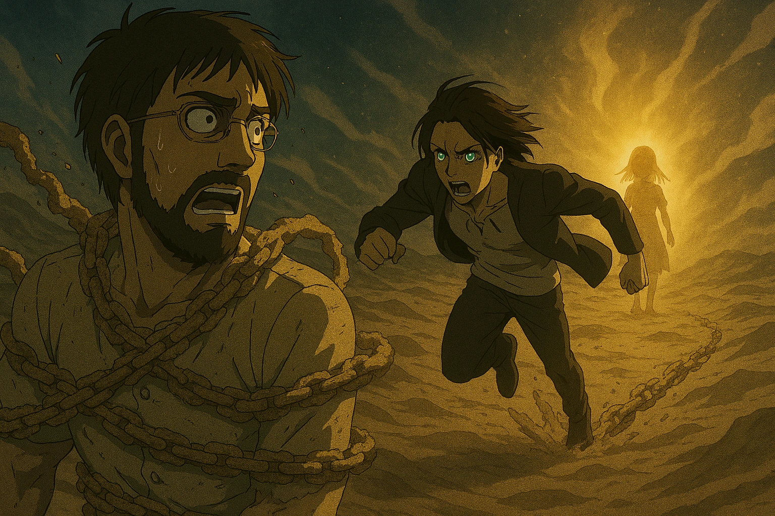 Eren and Zeke fighting for control in The Paths Attack on Titan.