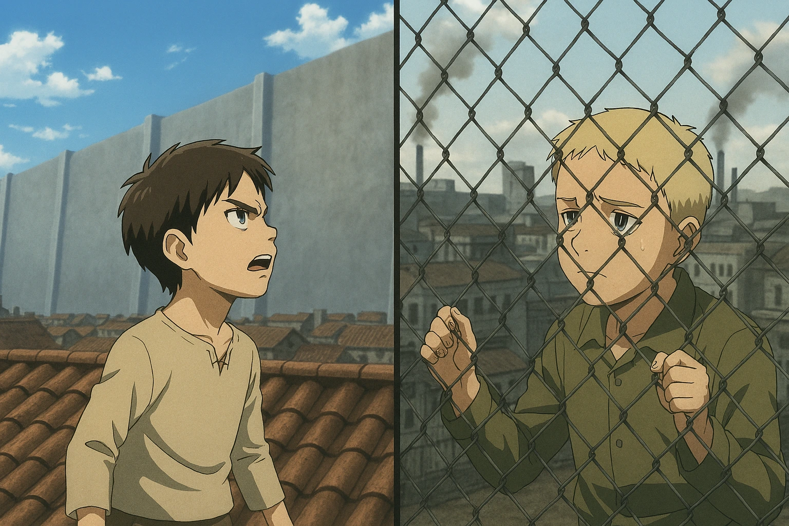 A diptych comparing young Eren looking at Wall Maria and young Reiner looking at the Liberio internment fence, highlighting early aspects of the Eren and Reiner Narrative Mirror.