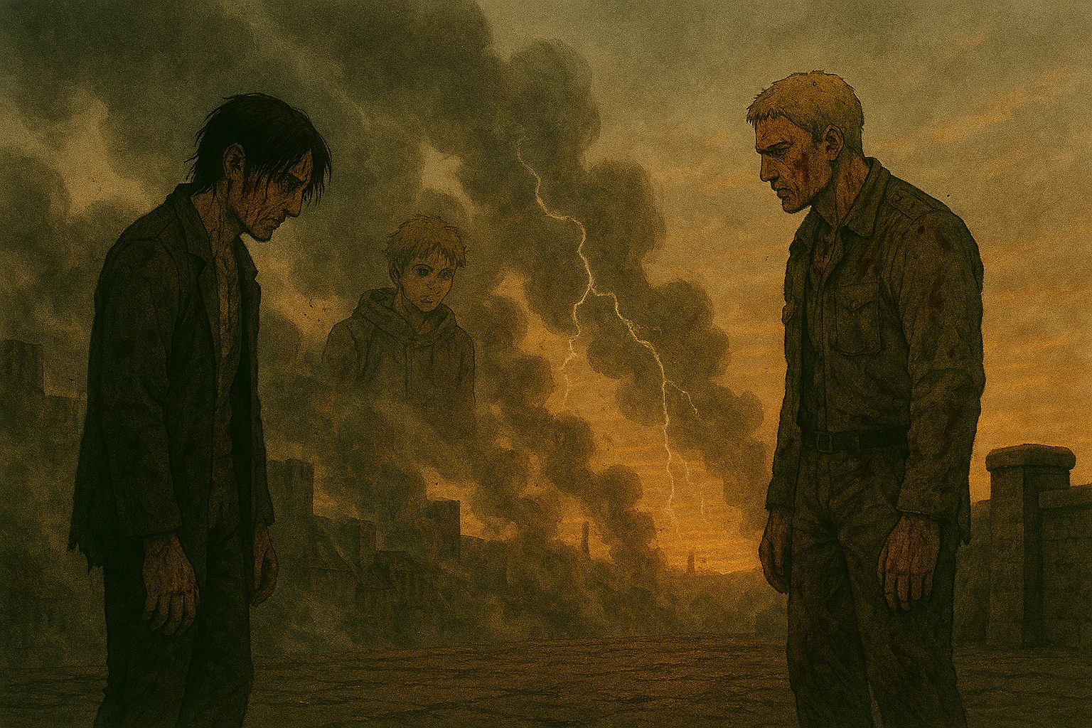 The weary human forms of Eren and Reiner facing each other at the end of the war amidst smoke and memories, signifying the tragic conclusion of the Eren and Reiner Narrative Mirror.