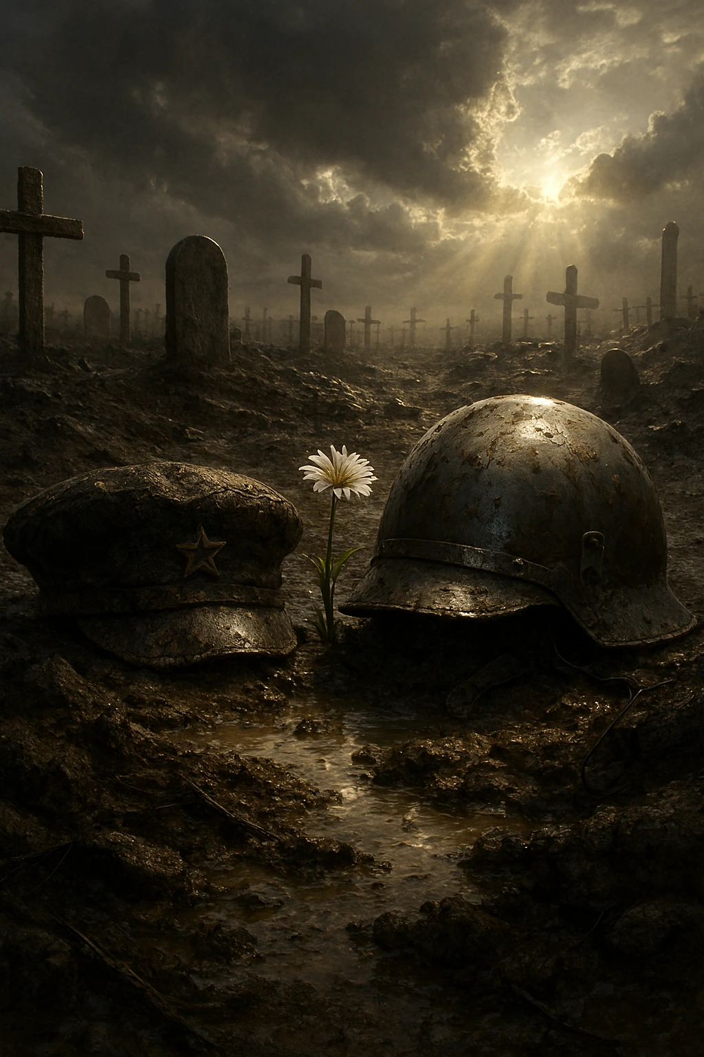 A graveyard with Eldian and Marleyan helmets lying together in the mud. Eldian Restorationists vs Marleyan Warriors