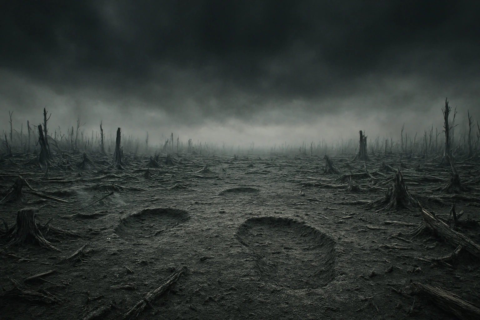 A desolate landscape of a flattened forest covered in ash under a dark sky, depicting the environmental aspect of The Rumbling's true cost.
