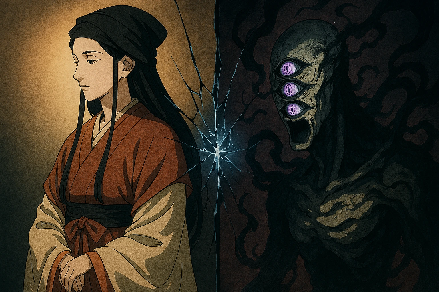 Artistic representation of Master Tengen JJK evolving from a human into a higher cursed spirit existence.
