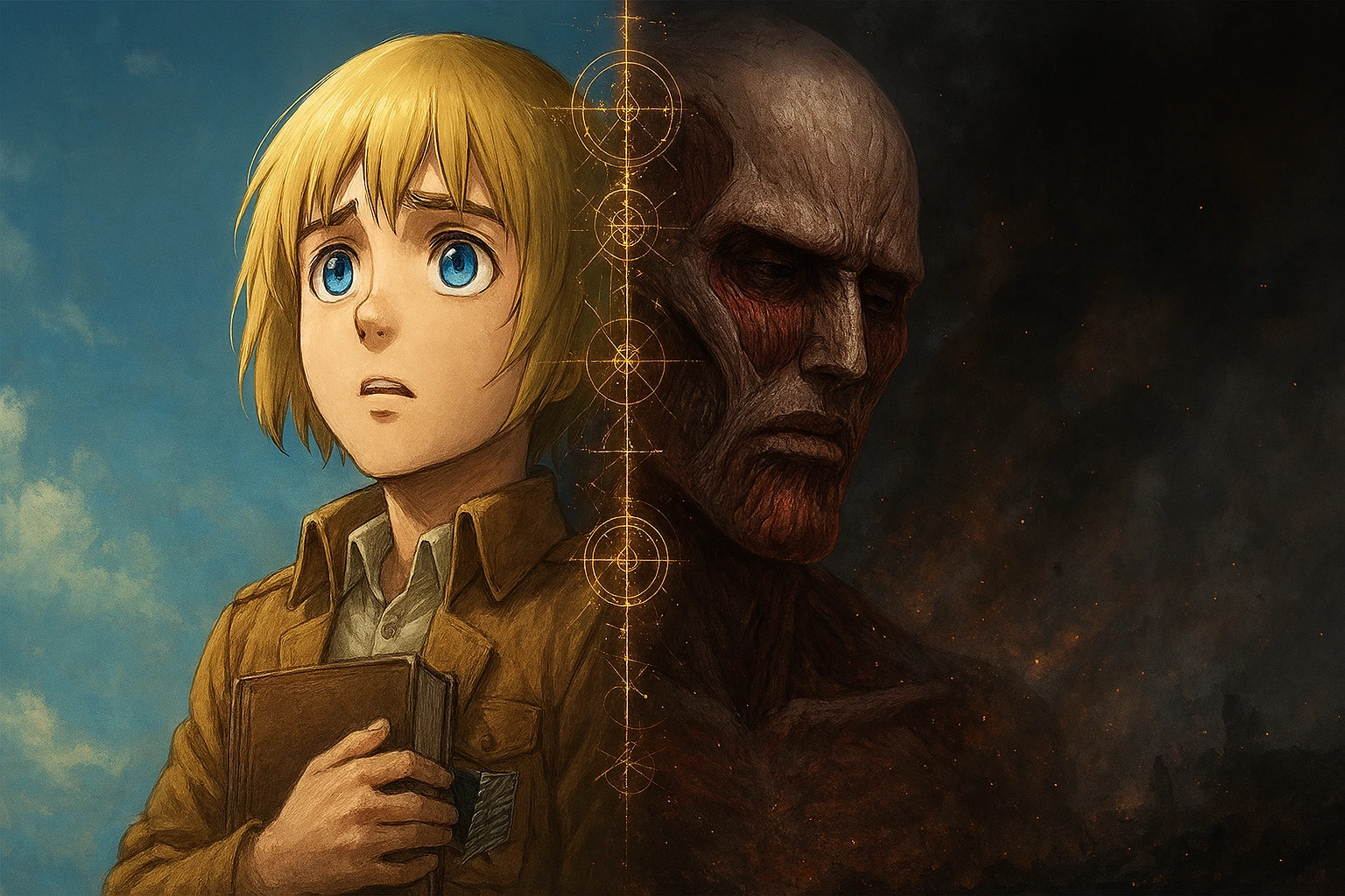 A conceptual featured image showing the duality of Armin Arlert: half as an innocent scout clutching a book, and half as the destructive Colossal Titan, illustrating how his intellect became the ultimate weapon.