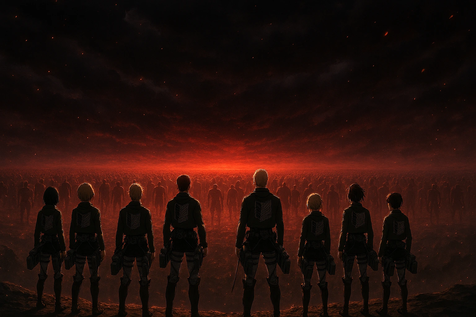 The Global Alliance in Attack on Titan facing the Rumbling and Colossal Titans.