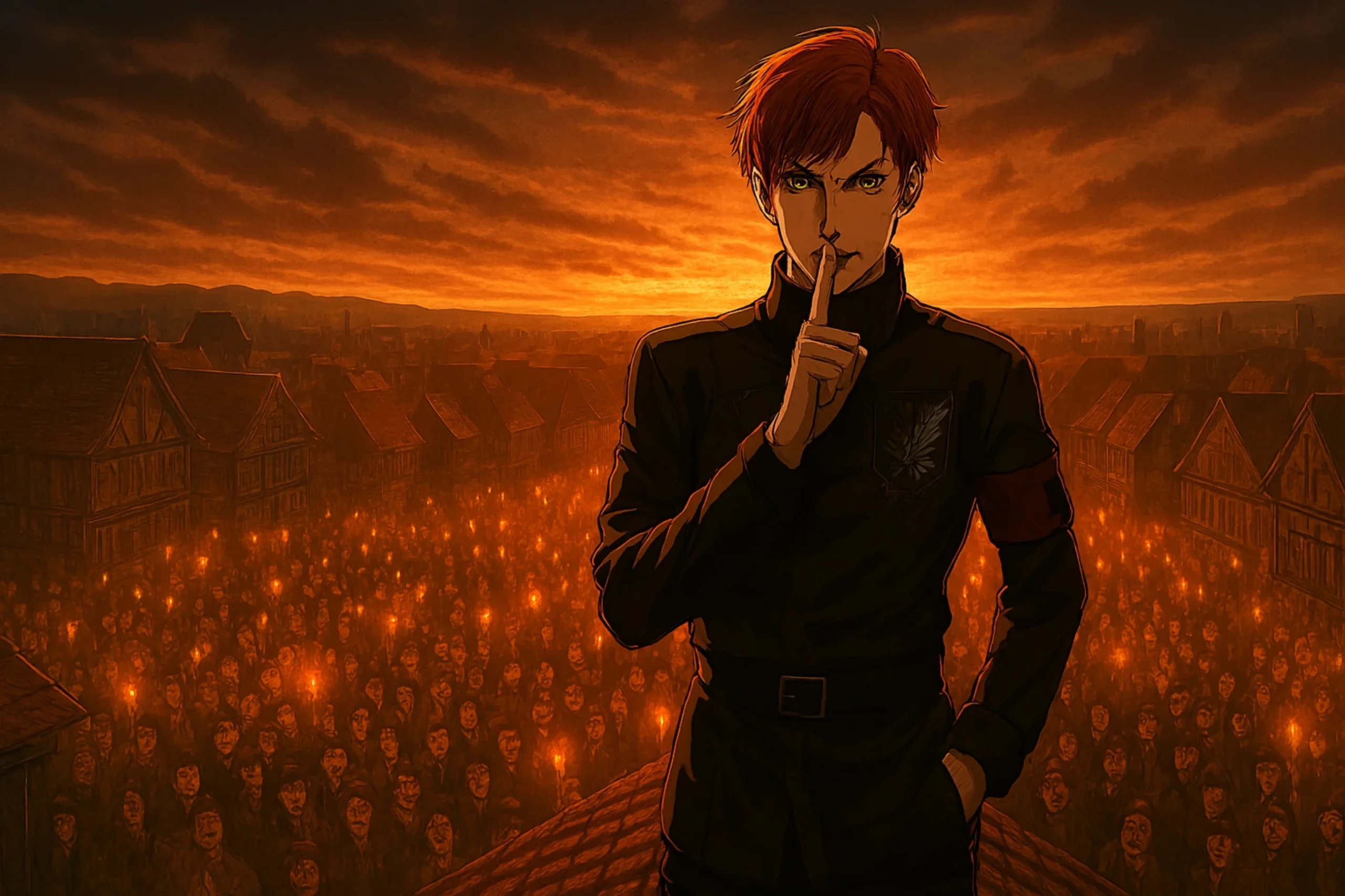 Featured image of Floch Forster leading the Yeagerists Attack on Titan movement on a rooftop.