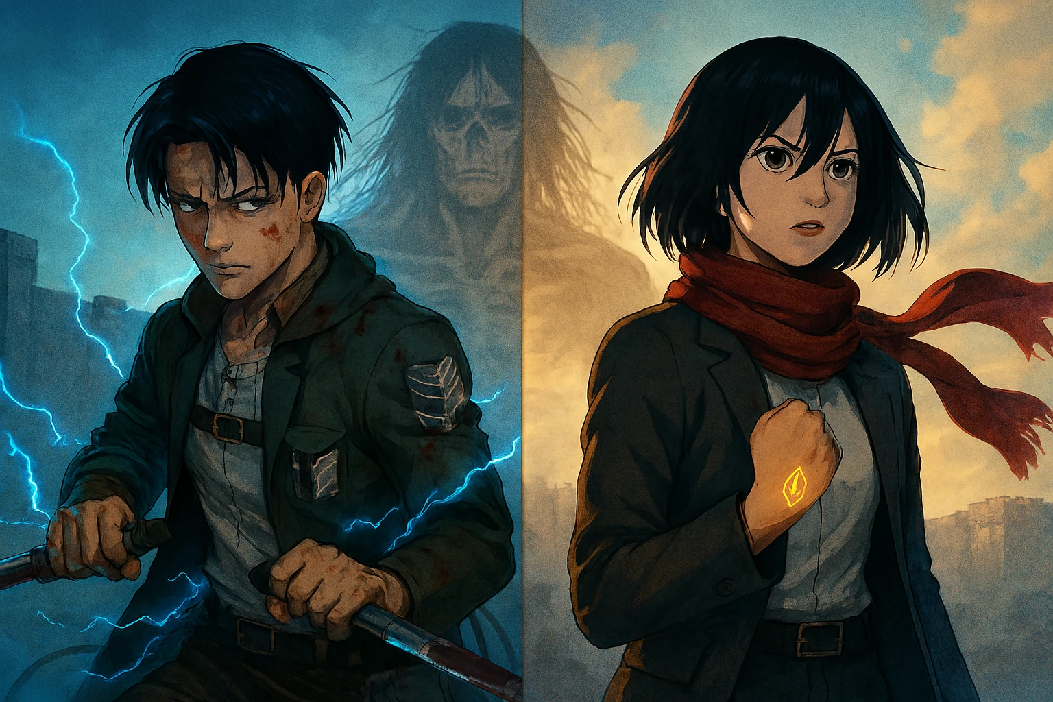 Digital art featuring Levi and Mikasa representing the power of the Ackerman and Asian Clans with the Founding Titan in background.