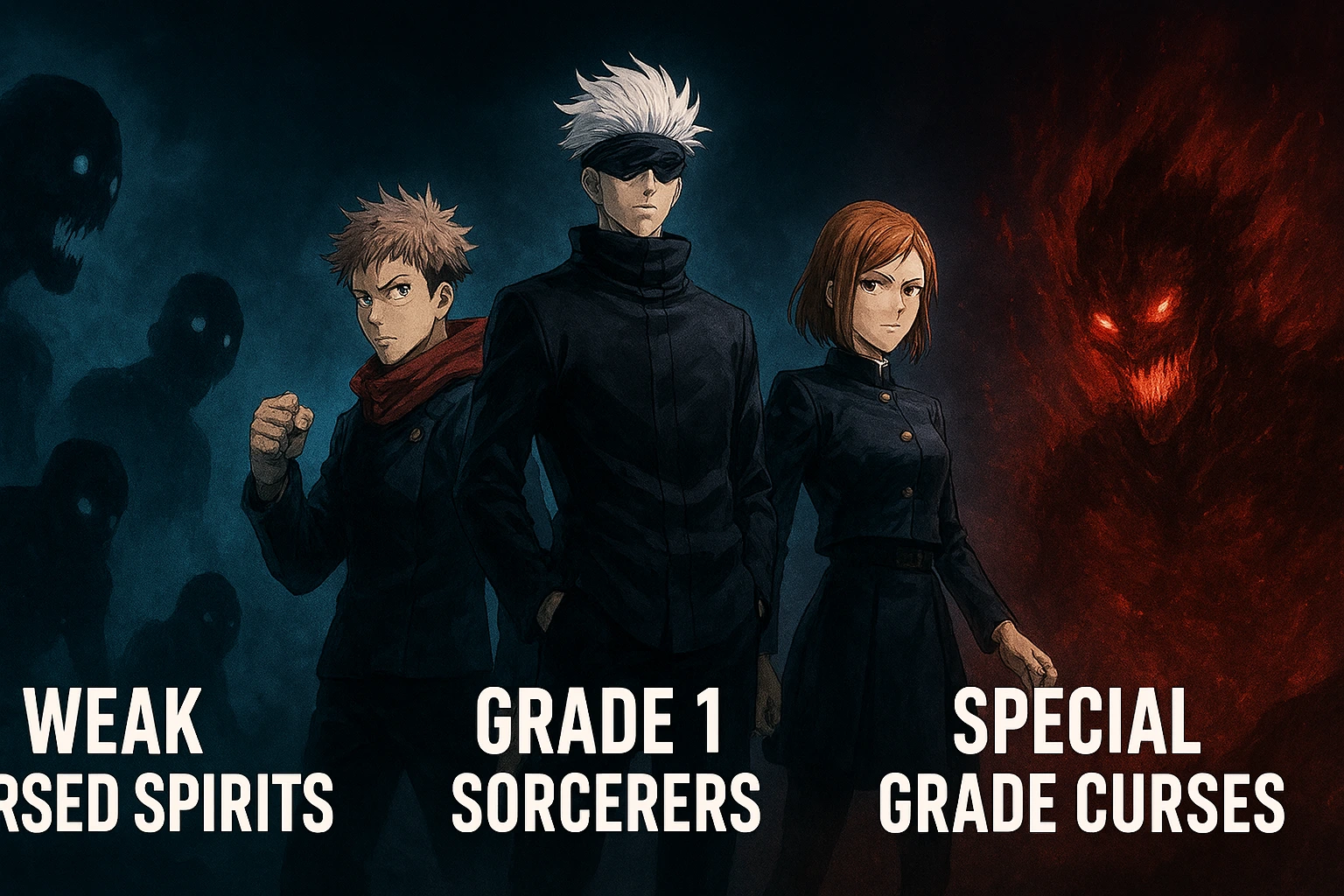 Complete Jujutsu Kaisen Grades hierarchy showing Sorcerers and Cursed Spirits.