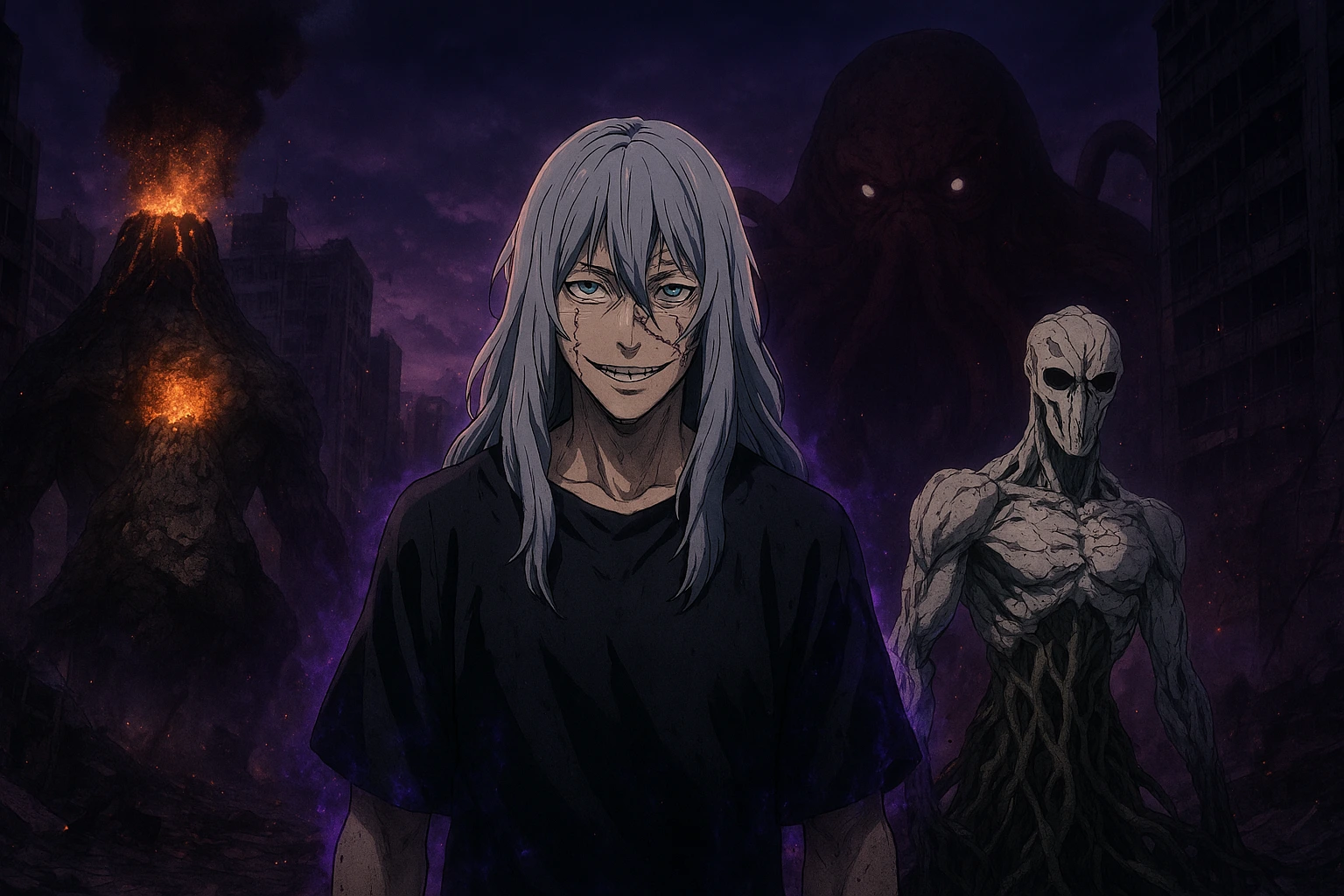 The four Disaster Curses from JJK Cursed Spirits lineup including Mahito, Jogo, Hanami, and Dagon.