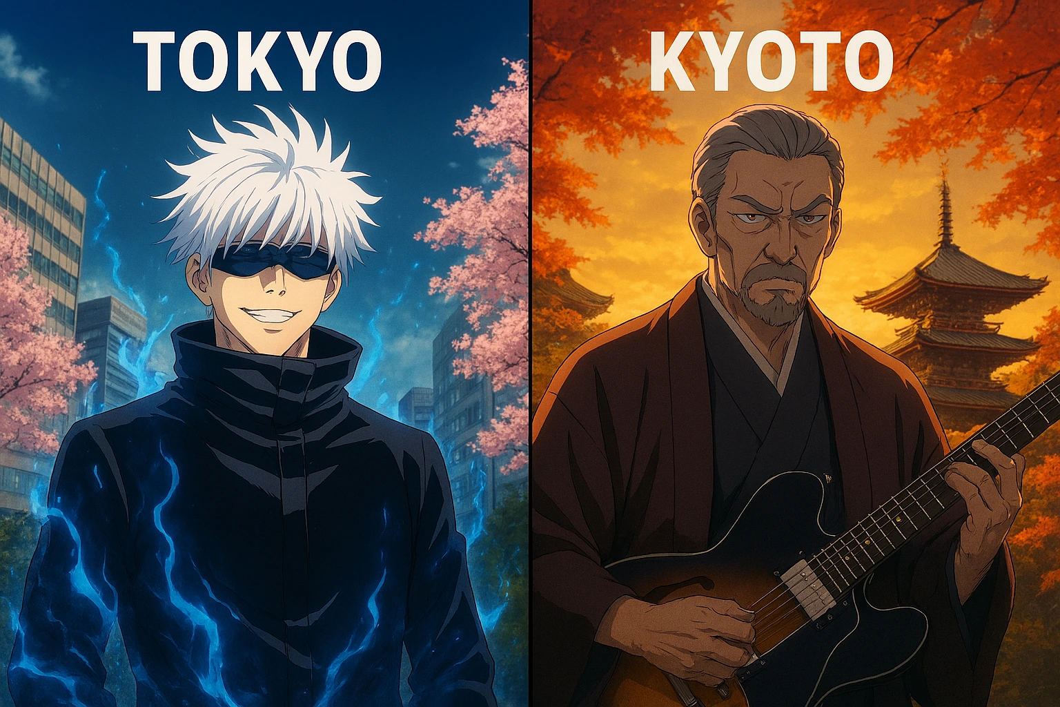 Tokyo vs Kyoto Jujutsu High split screen showing Satoru Gojo and Yoshinobu Gakuganji.