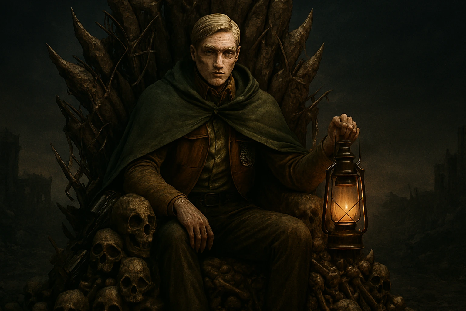 A symbolic portrait of Erwin Smith sitting on a throne of bones as the 'King of Corpses,' summating the complex question: was Erwin Smith a hero or a monster?