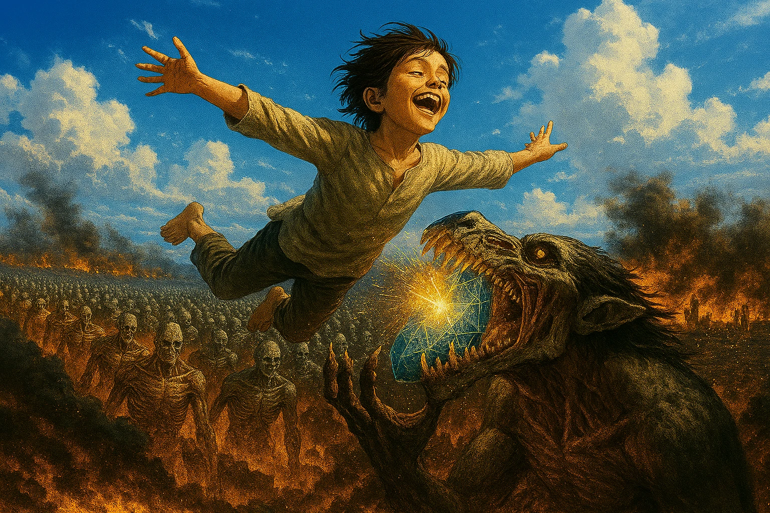 Featured image for Eren Yeager character analysis depicting child Eren flying in ecstatic freedom above the burning apocalyptic earth of the Rumbling.