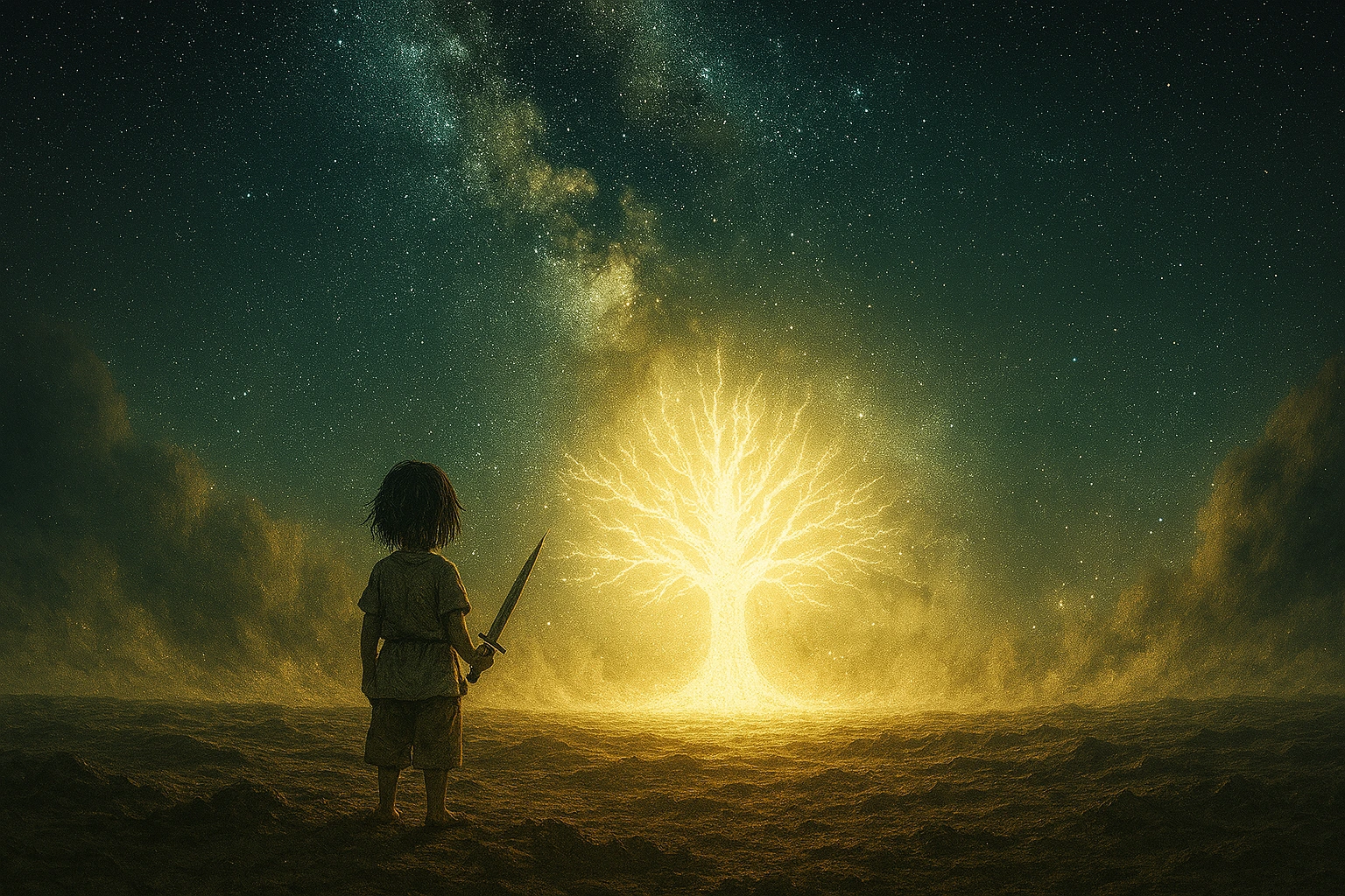 Featured image summarizing Ymir Fritz tragic backstory and analysis, showing the child Ymir standing alone and free before the massive glowing Coordinate tree under a starry night.