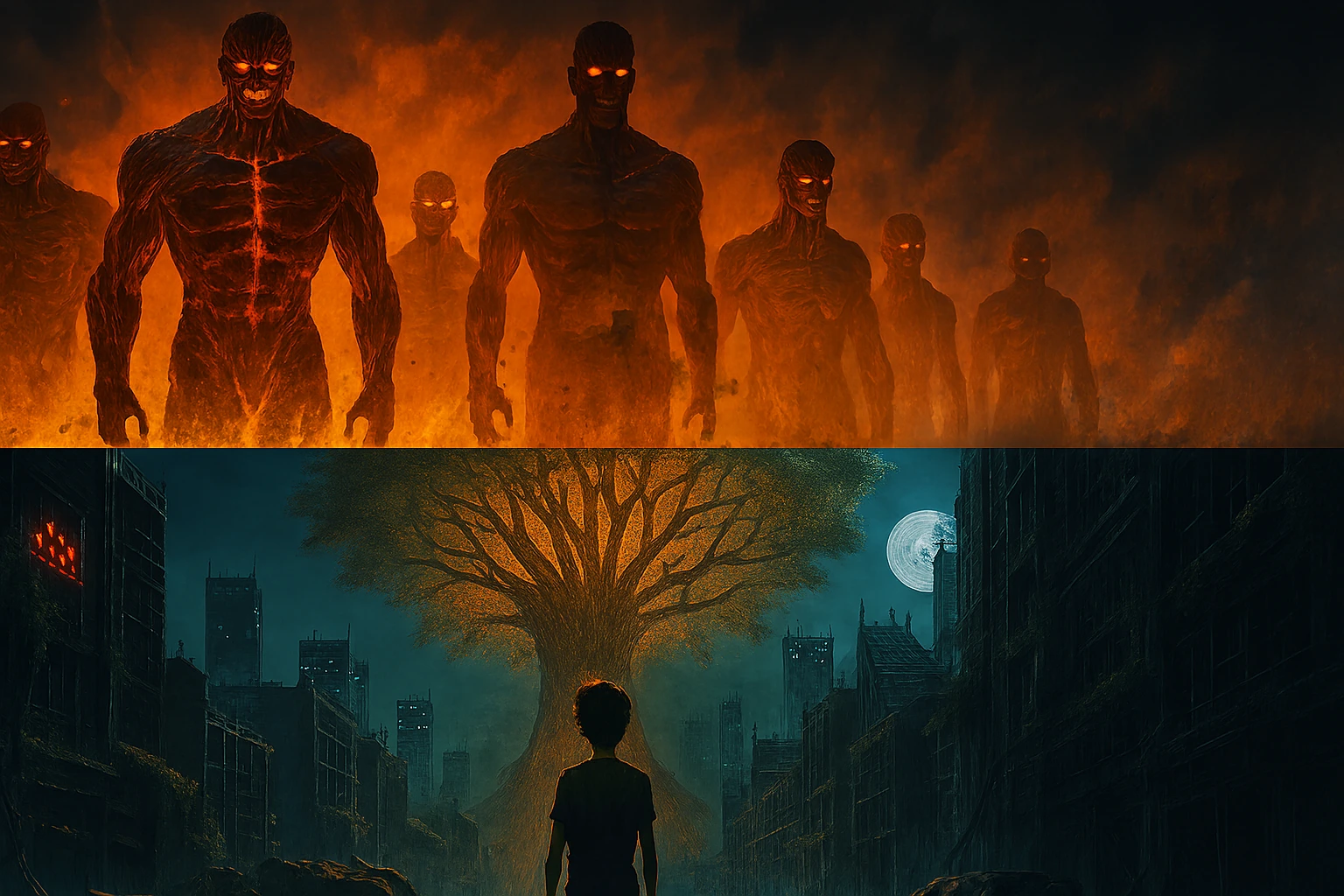 Featured image showing the contrast between the Rumbling and the future ruins in this World After the Rumbling analysis.