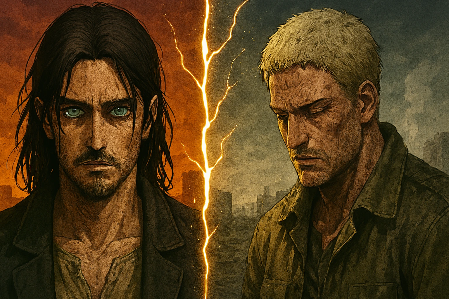 A conceptual split-screen illustration showing adult Eren Yeager and Reiner Braun separated by a glowing fracture, symbolizing the tragic Eren and Reiner Narrative Mirror in Attack on Titan.