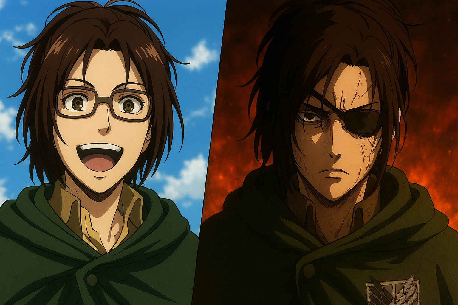 Hange Zoë Character Analysis showing the transition from curious scientist to war-torn commander.