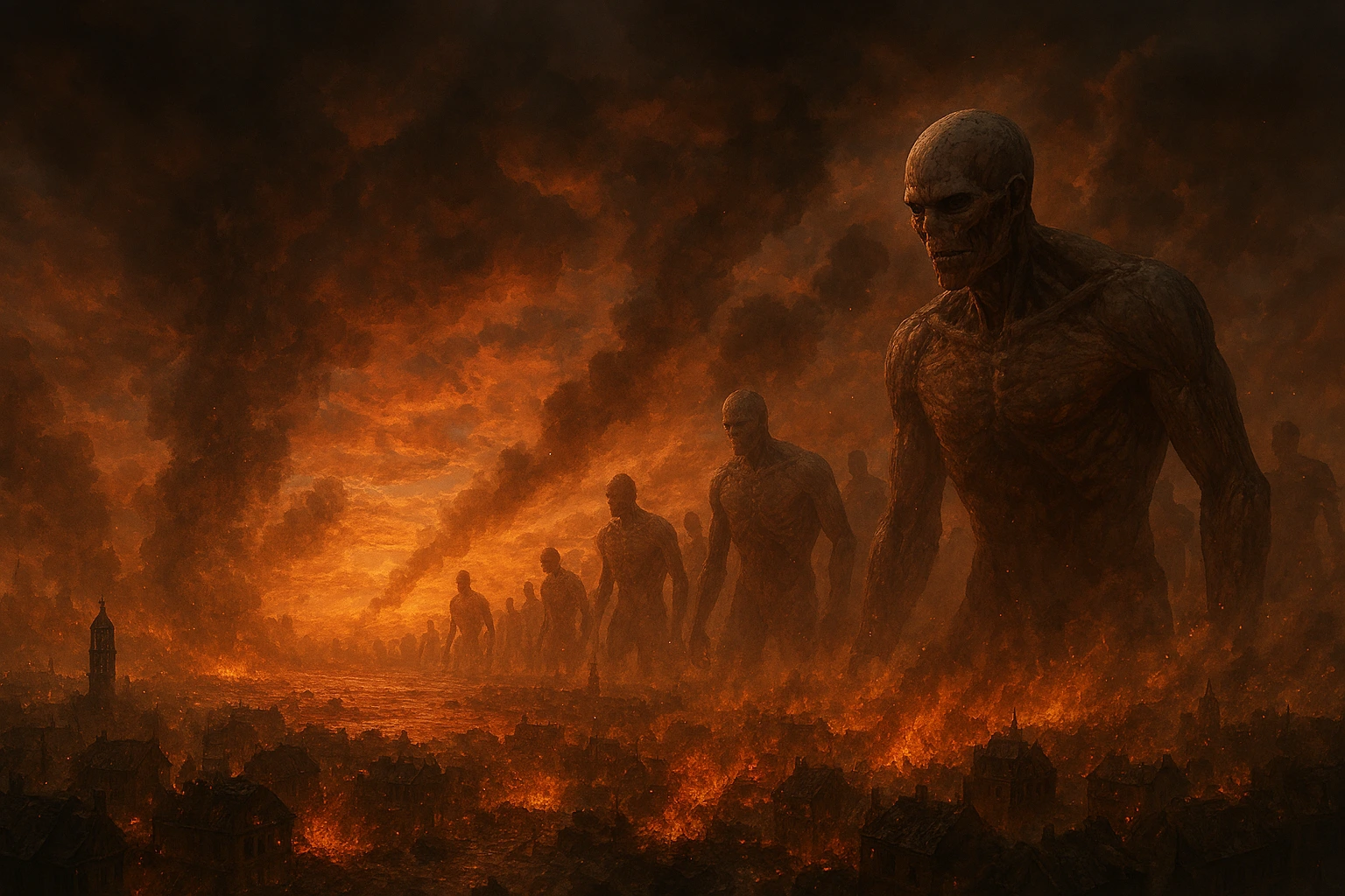 Cinematic view of The Rumbling's true cost showing millions of Wall Titans marching and burning the world amidst steam and ash.