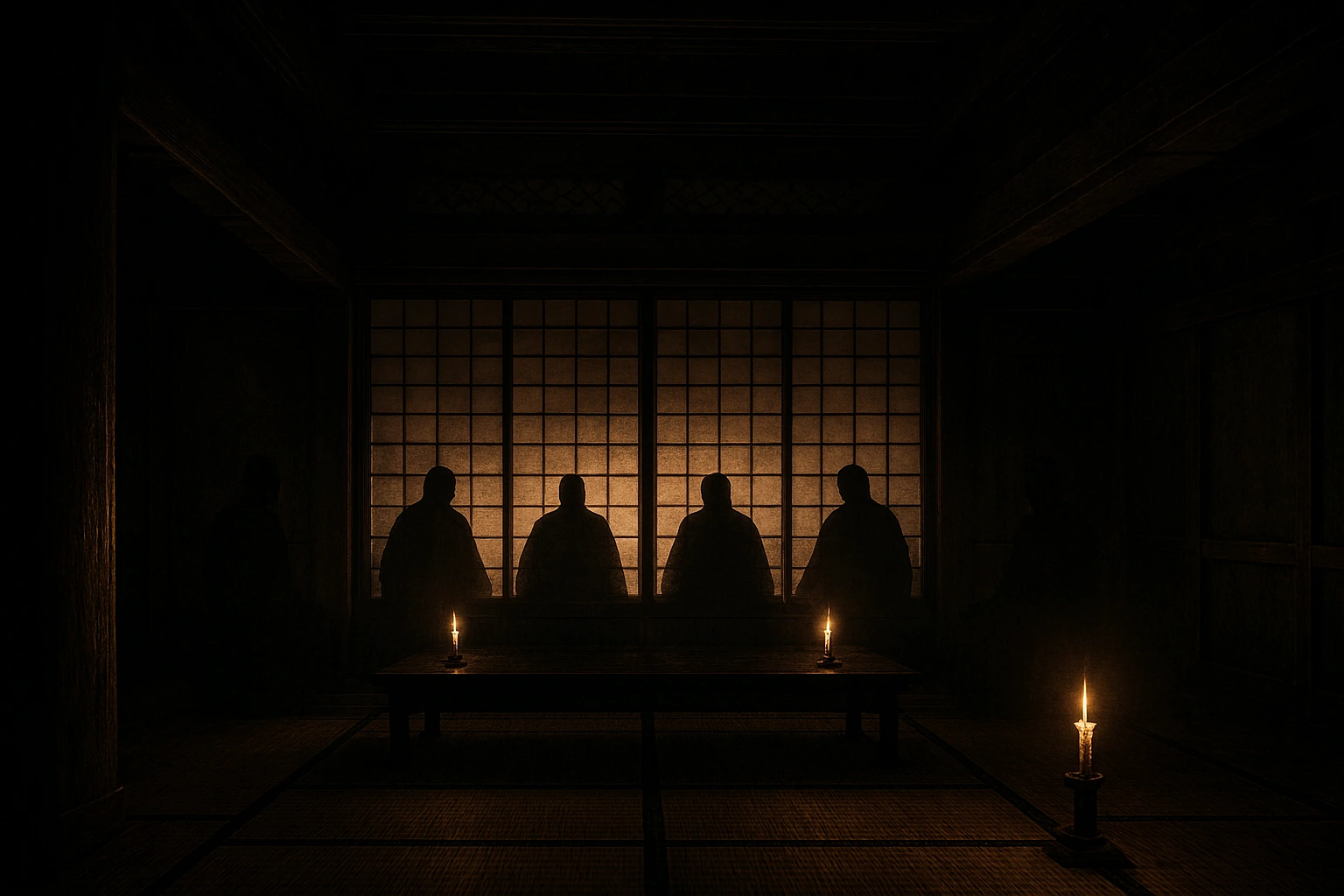 The shadowed council room of the Jujutsu Headquarters, representing the Higher-Ups.