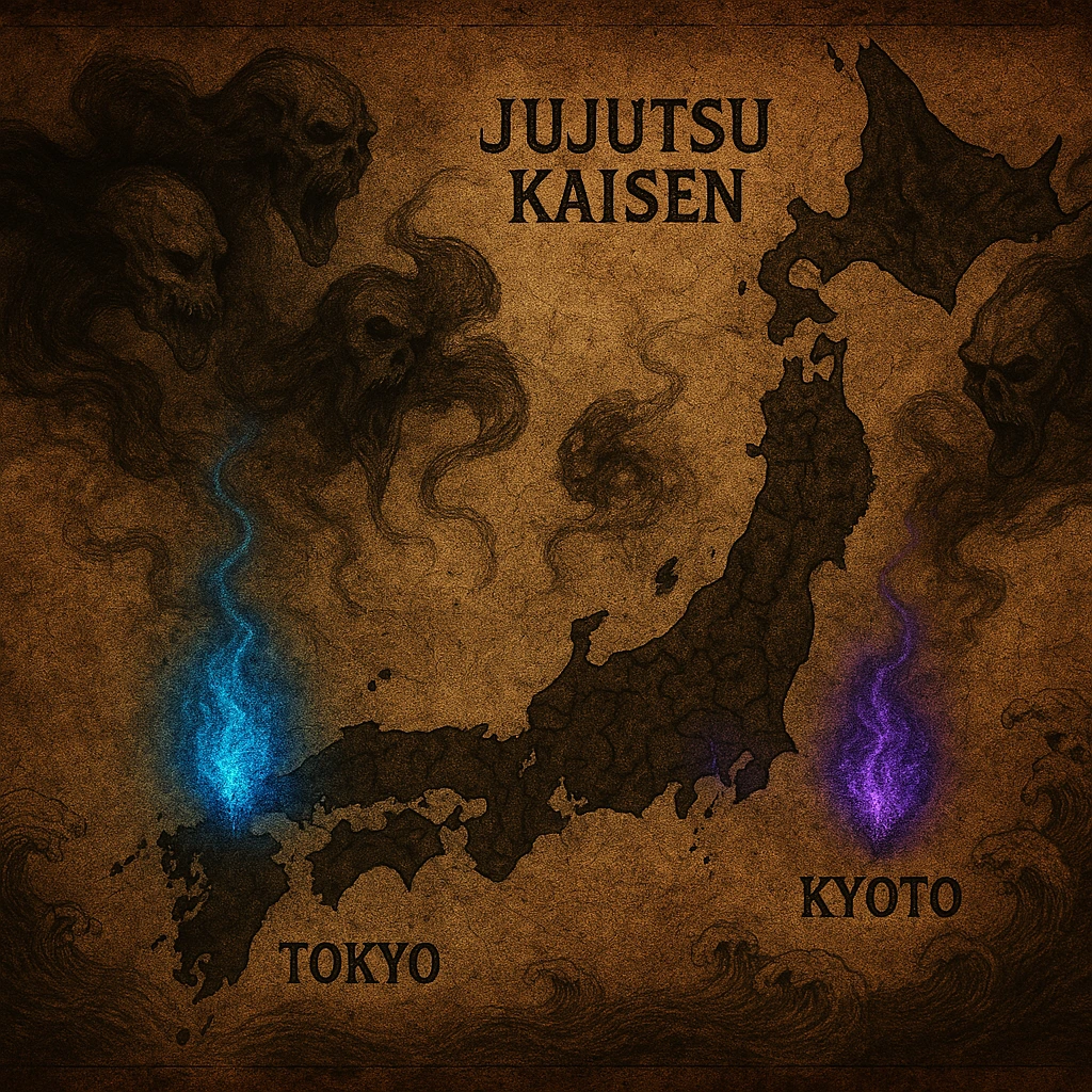 Map concept of Japan highlighting Tokyo vs Kyoto Jujutsu High locations.