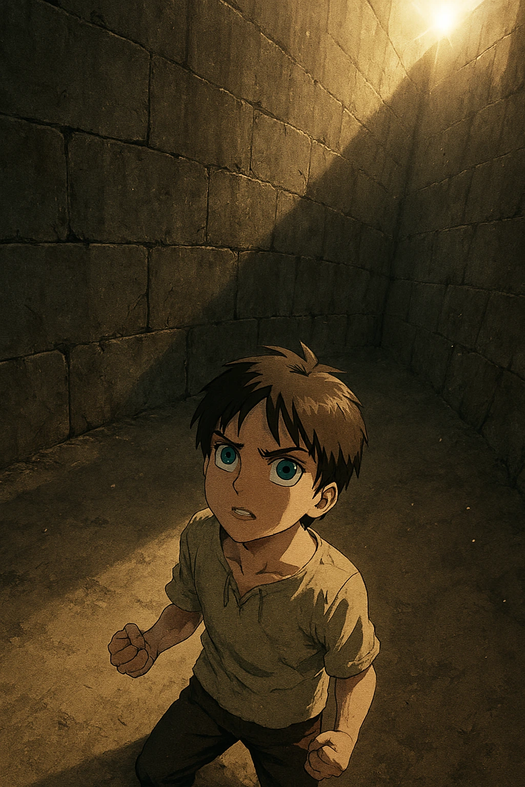 Young Eren Yeager Freedom dreams looking up at the massive Wall Maria.